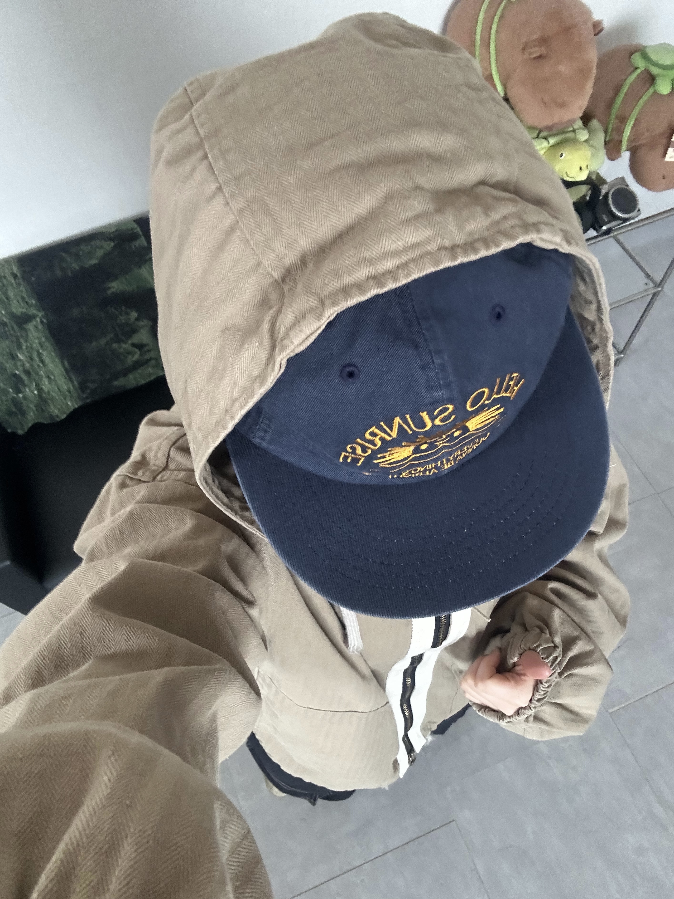 Hello Sunrise Washed HS Arch Logo 6Panel Cap Navy & Orange, Deus Ex Machina String Bag Tan 착용 스타일 - 1