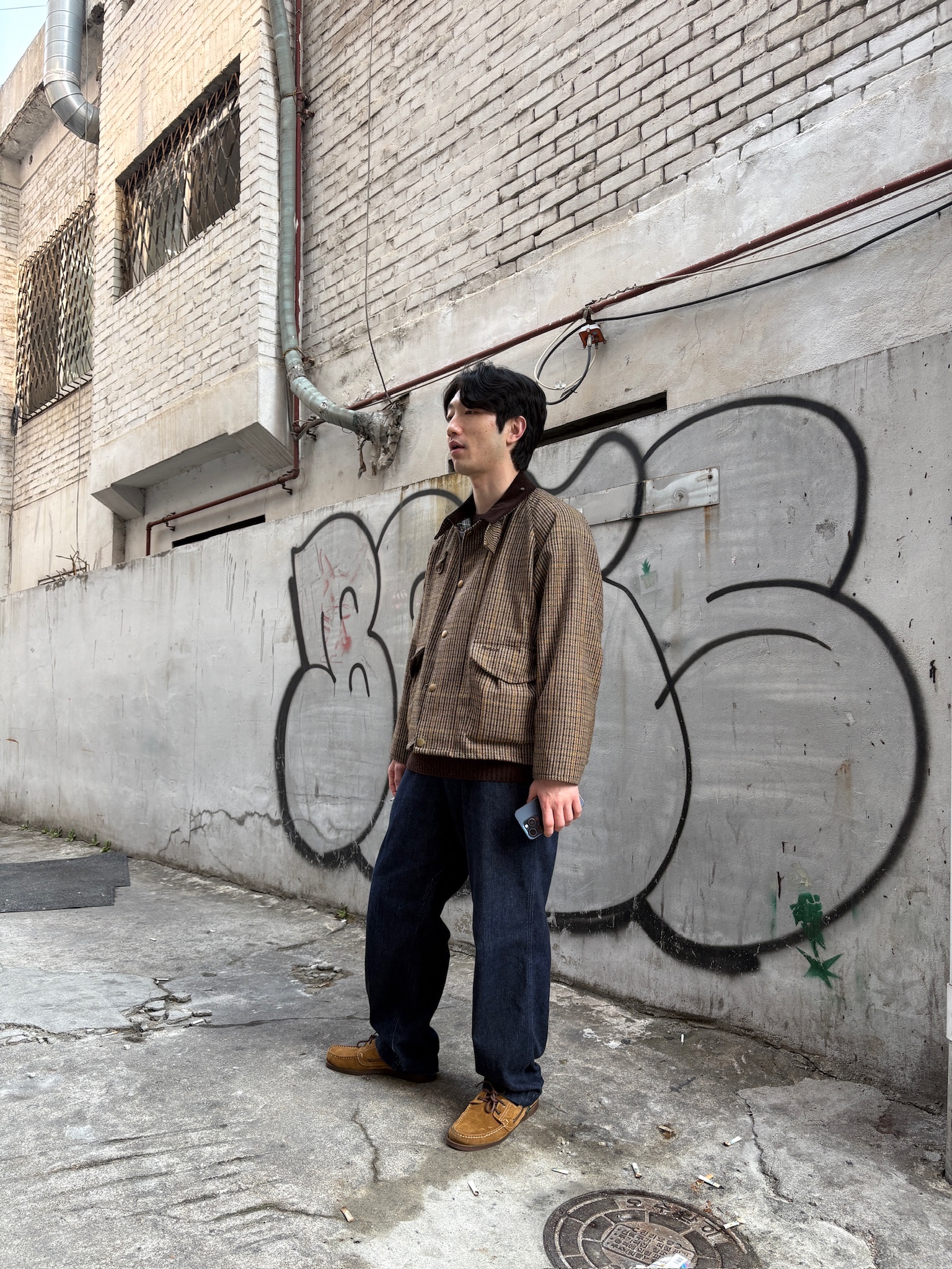 Barbour x Noah Tweed Wading Jacket Multi, Nanamica Wide Denim Pants Indigo 착용 스타일 - 3