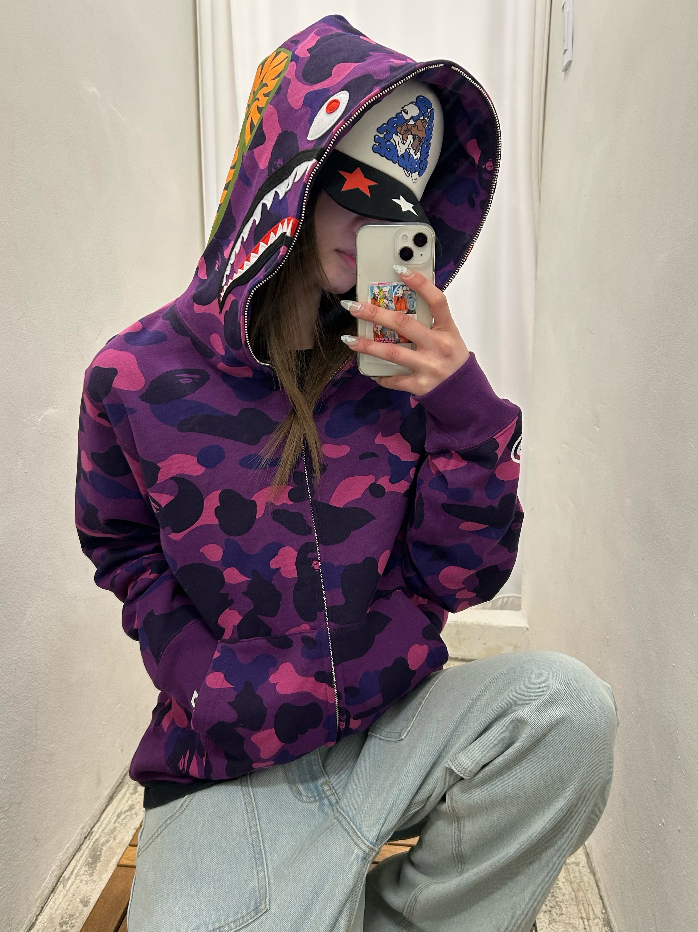 BAPE Color Camo Shark Full Zip Hoodie Purple 착용 스타일 - 1