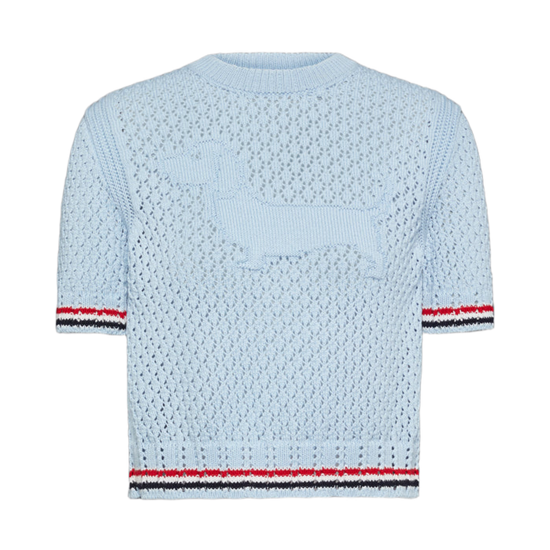 FKA511A-Y3062-472 (W) Thom Browne Cotton Pointelle Stitch Hector RWB T-Shirt Light Blue