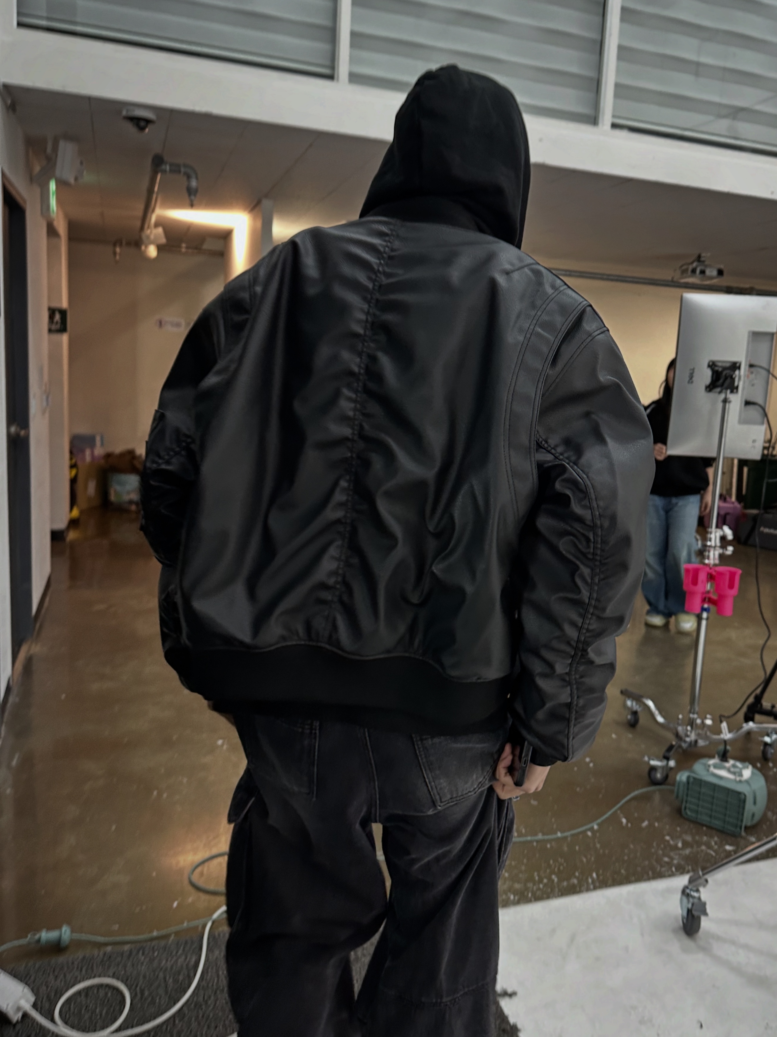 AX CONNECTION Tactical Cracked Leather  Bomber Jacket, AX CONNECTION Logo Sweat Hoodie Zip-up 착용 스타일