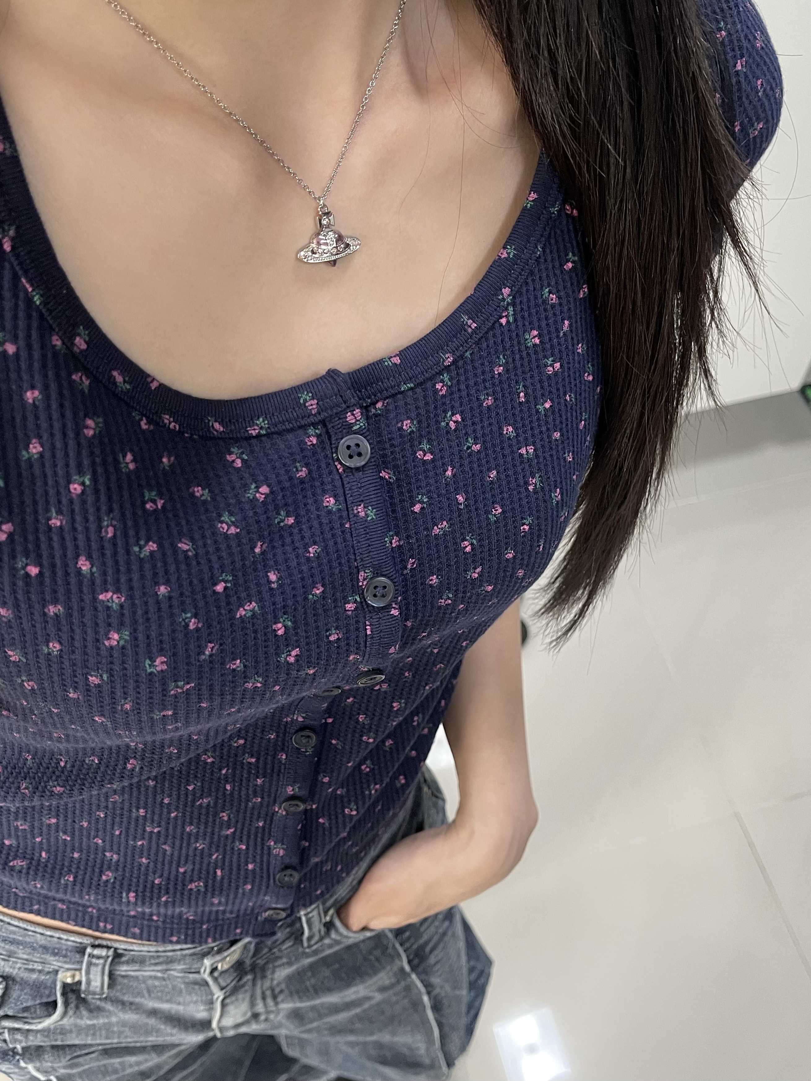 (W) Vivienne Westwood New Diamante Heart Necklace Silver 착용 스타일 - 3