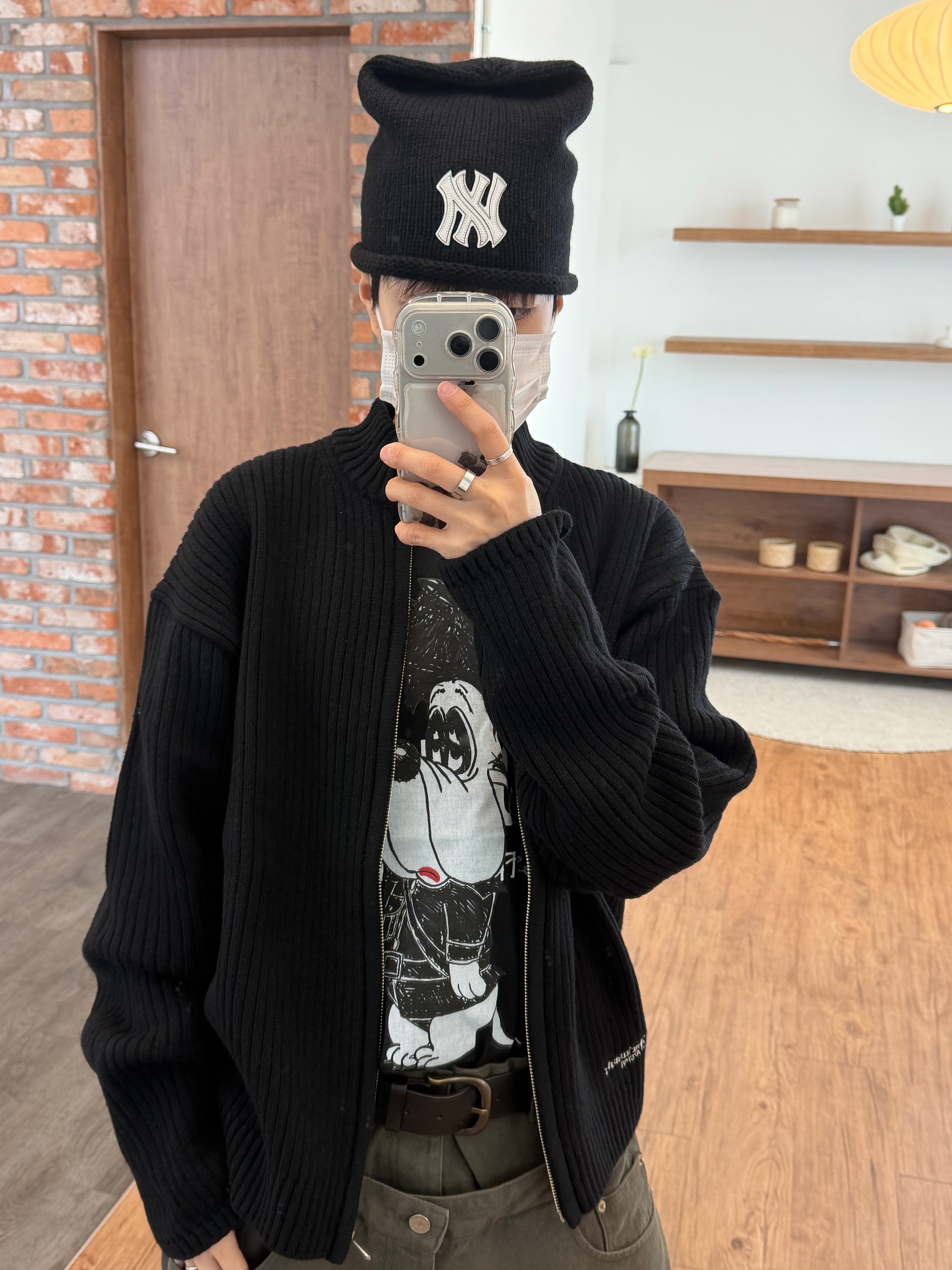 Farfromwhat Far High Neck Rib Knit Zip-Up_Black, Farfromwhat Far Double Waist Pants 착용 스타일 - 2