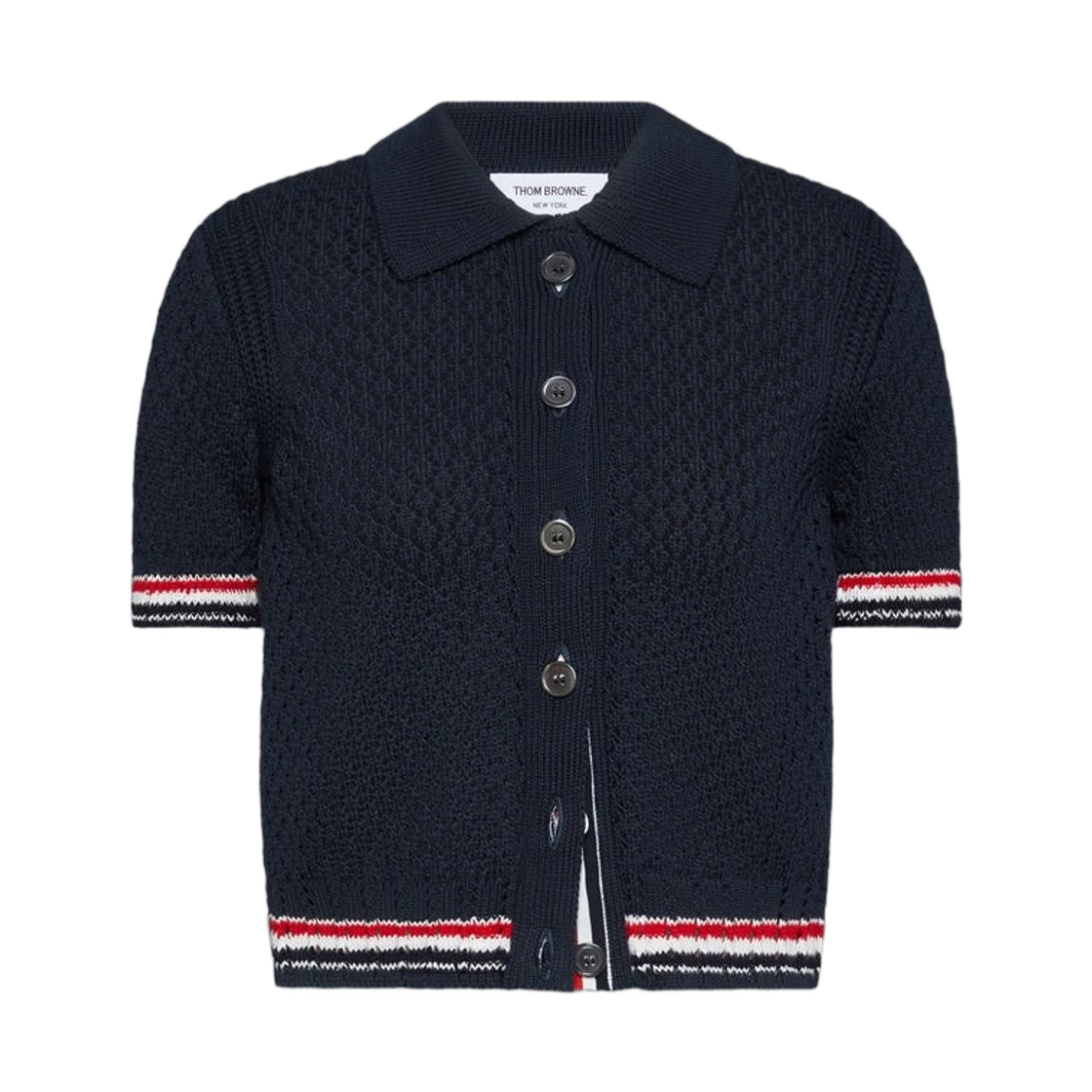 FKC694A-Y3062-415 (W) Thom Browne Hector Pointelle Short Sleeve Cardigan Navy
