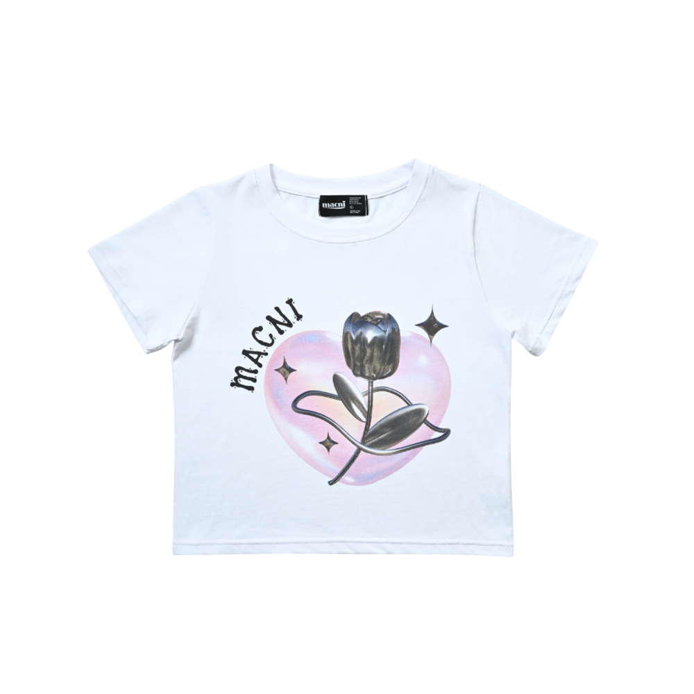 마크니 로즈 하트 크롭 티셔츠 화이트(MACNI Rose Heart Crop T-Shirt White)