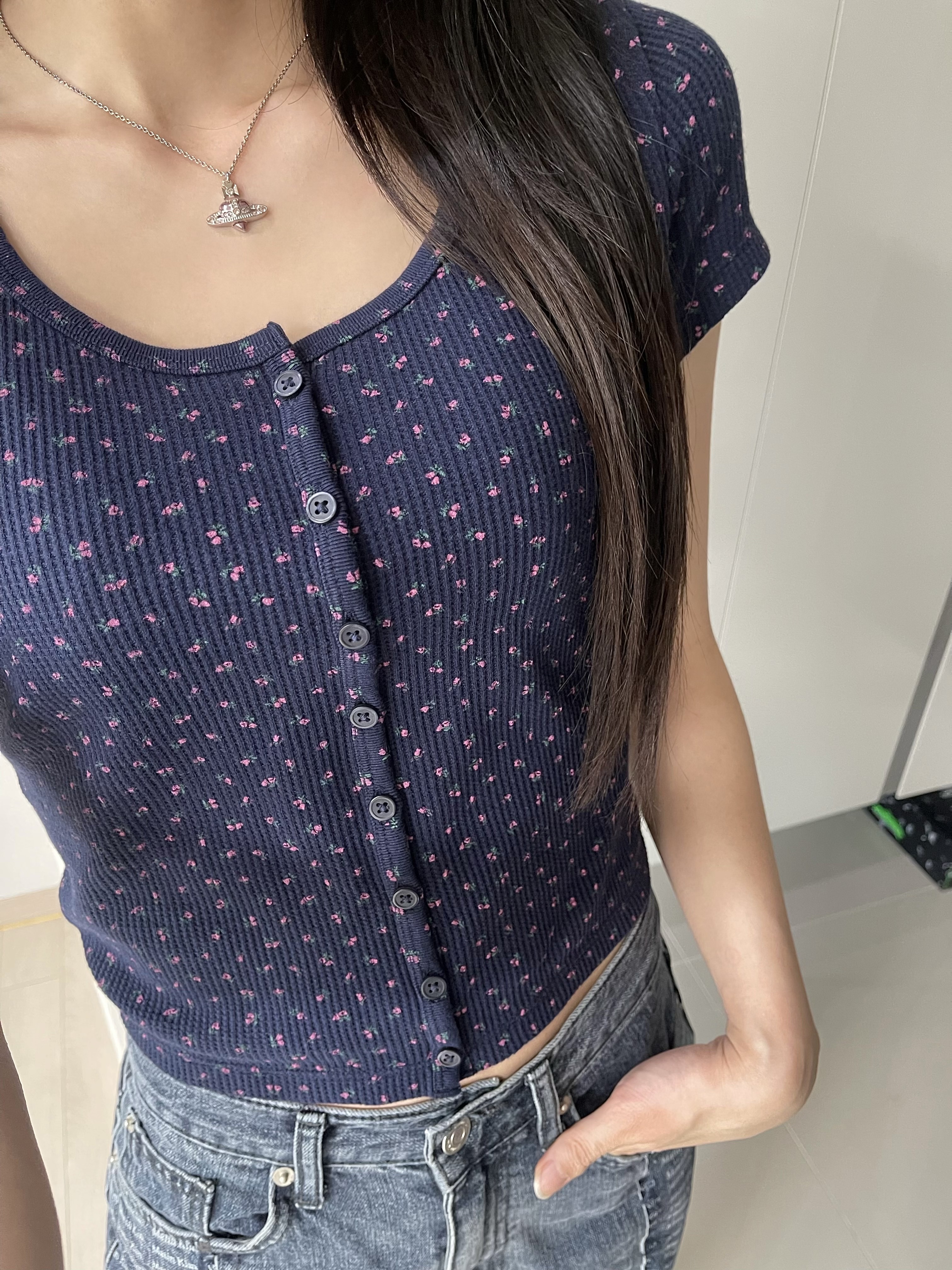 (W) Vivienne Westwood New Diamante Heart Necklace Silver 착용 스타일 - 1