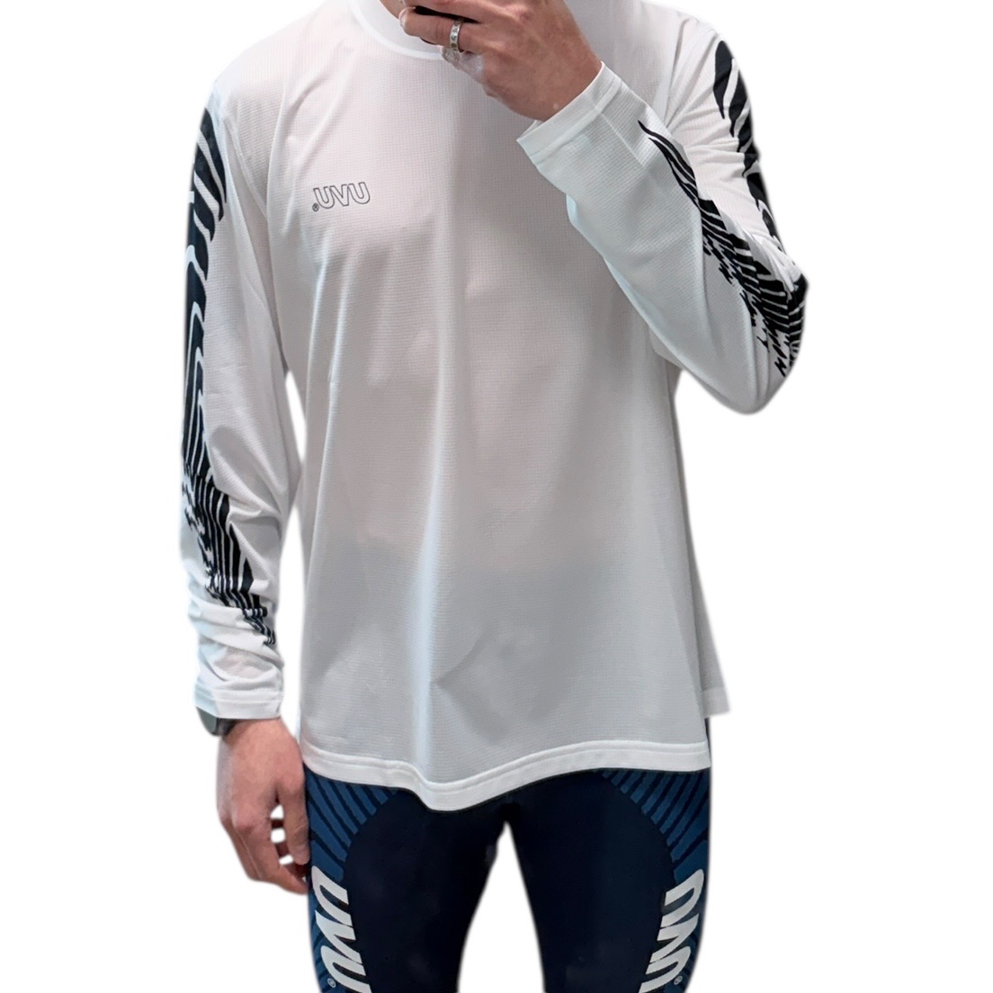 UVU Seoul '26 Half Tights Navy Blue, UVU Seoul '26 Mesh Long Sleeve Running Top White 착용 스타일