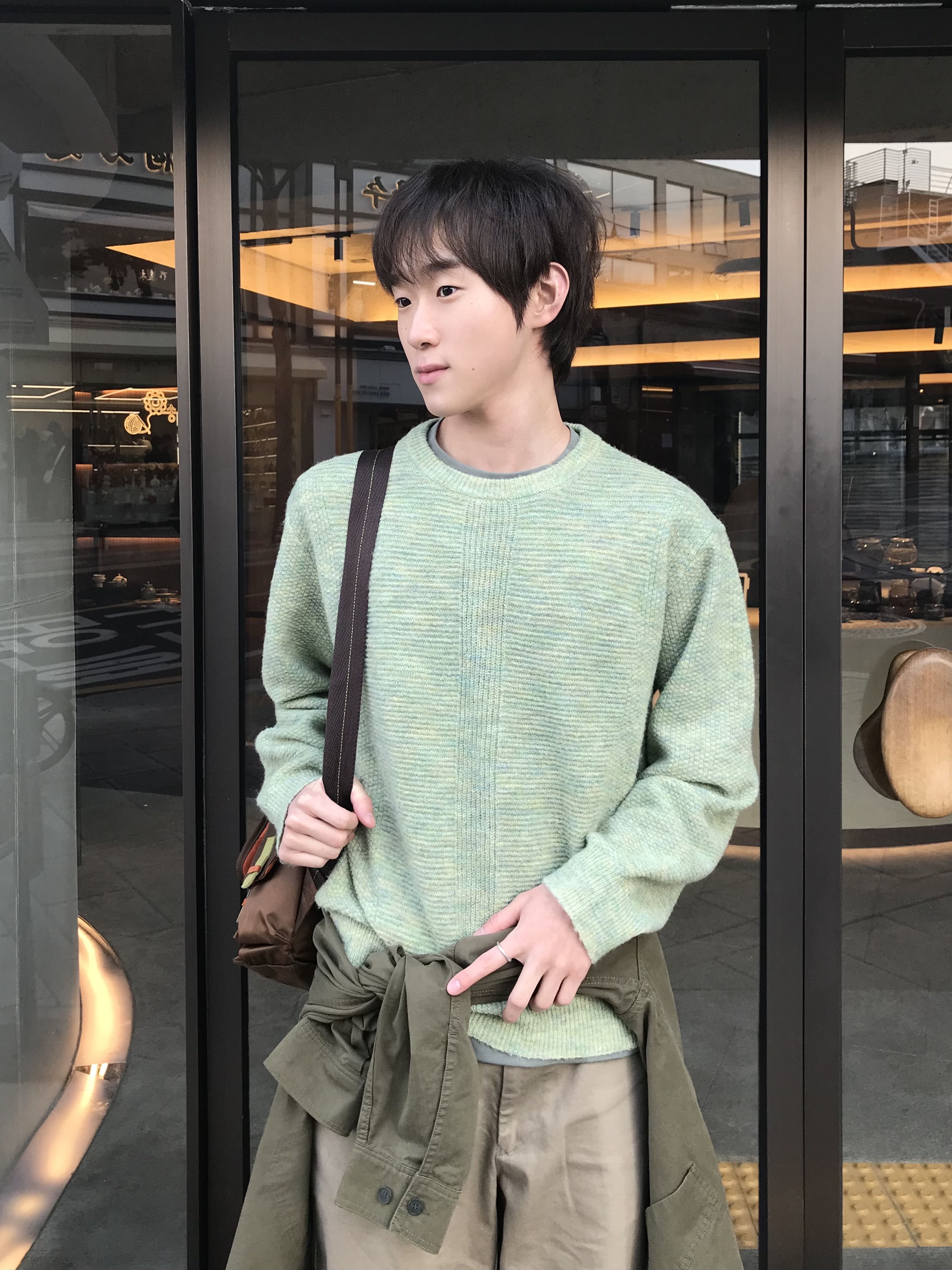 Noun Hairy Melange Knit Forest Green 착용 스타일 - 4