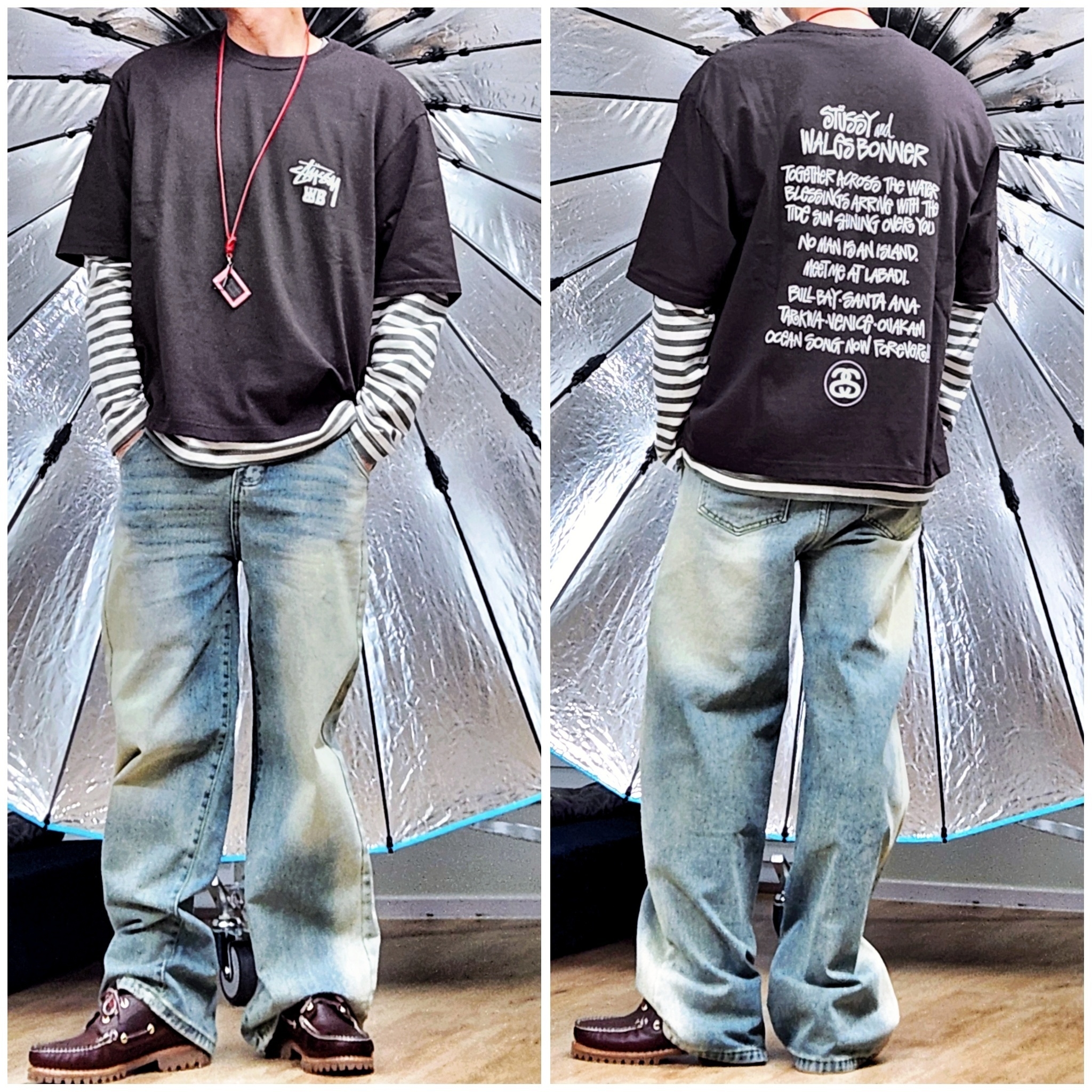 Stussy x Wales Bonner Ocean Song T-Shirt Brown, Timberland Classic 3-Eye Boat Shoes Brown - Wide 착용 스타일 - 1