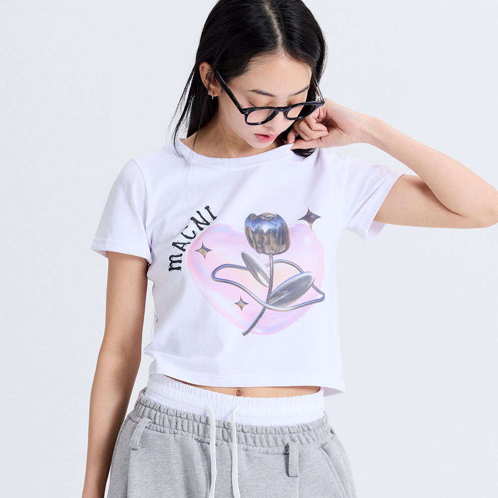 마크니 로즈 하트 크롭 티셔츠 화이트(MACNI Rose Heart Crop T-Shirt White) - 2