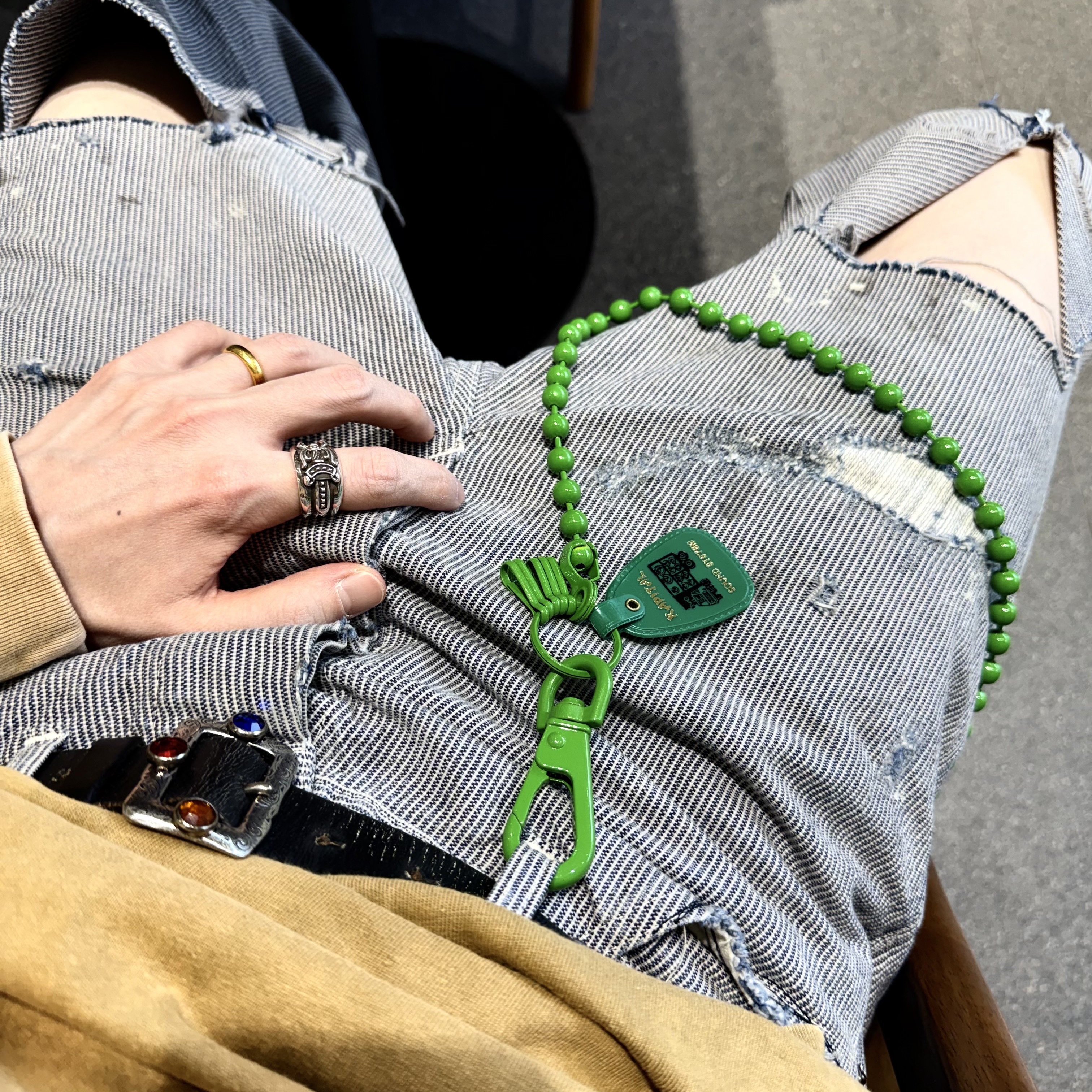 Kapital Oiled Leather Studded Disco Buckle Belt Black, Saint Mxxxxxx Denim Pants Hickory Stripe 착용 스타일