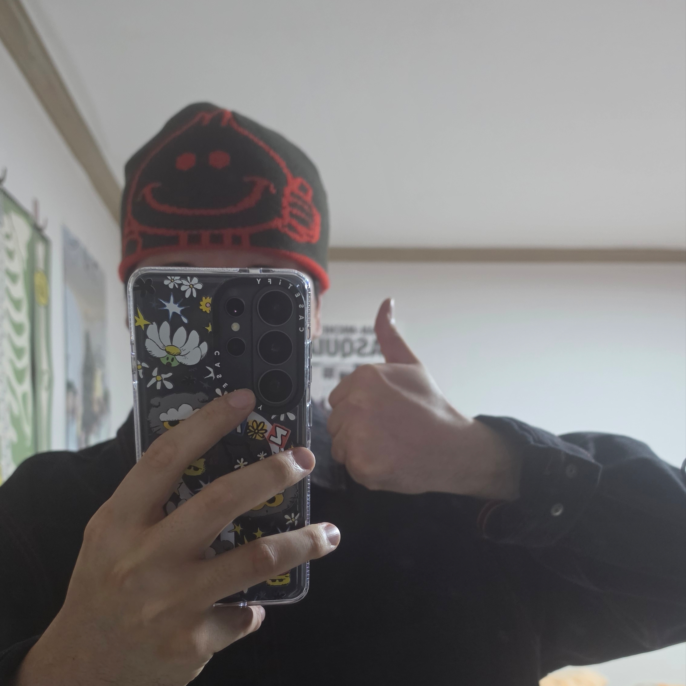 Palace x World Industries Reverso Nein Cuff Beanie Black Red - 26SS, Palace Susanoo Denim Jacket Black - 25FW 착용 스타일 - 1