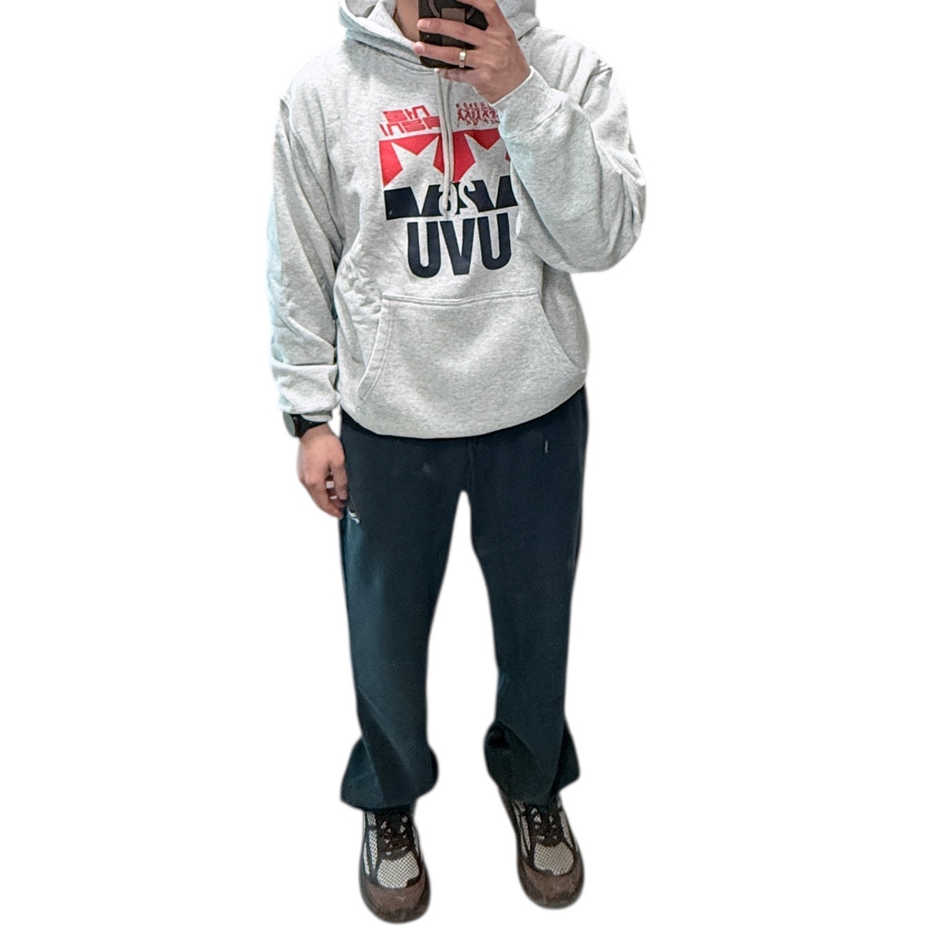 UVU Seoul '26 Sweatpants Washed Navy, UVU Seoul '26 Hoodie Light Grey Marl 착용 스타일