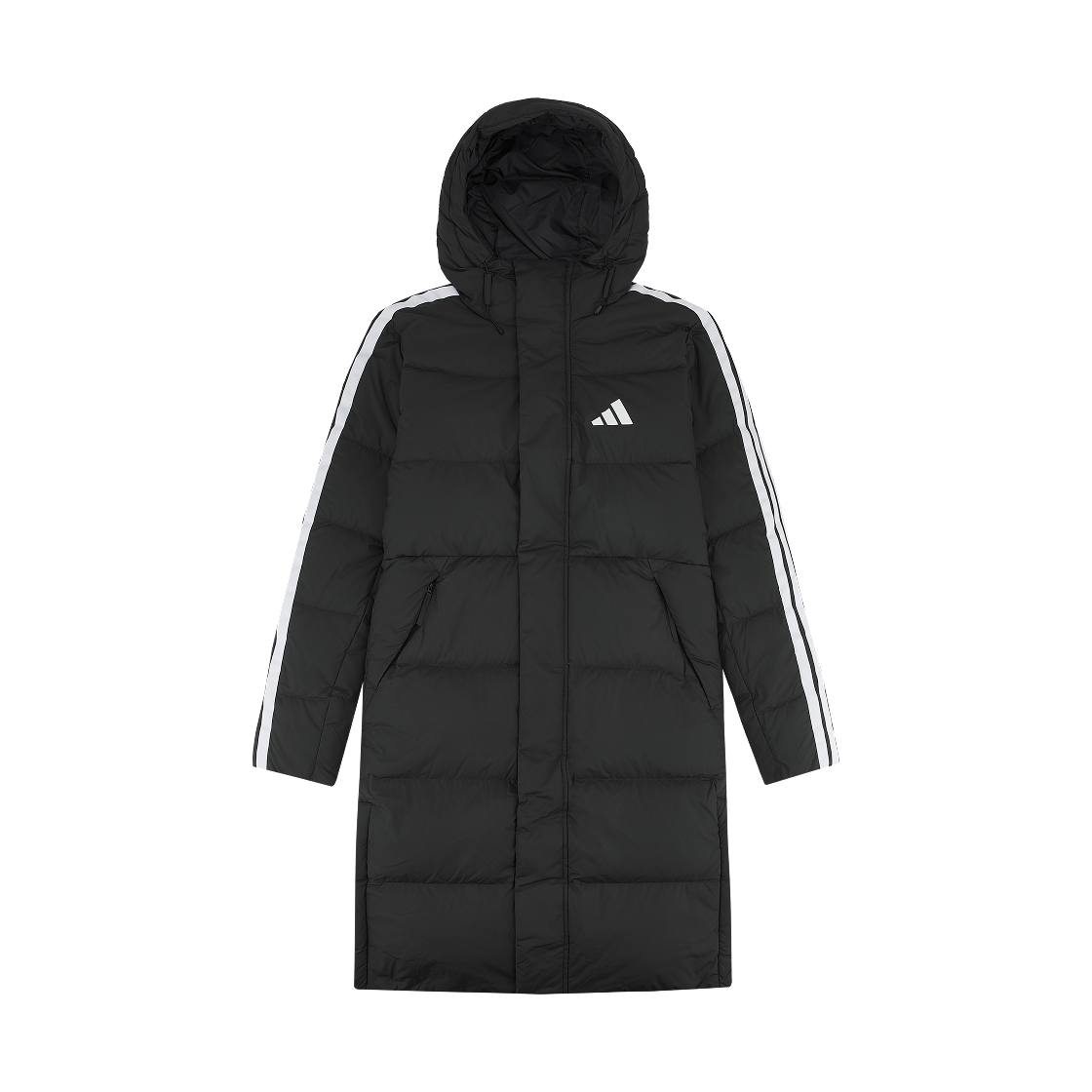 아디다스 3 스트라이프 레귤러 핏 롱 다운 코트 블랙 - KR 사이즈(Adidas 3 Stripes Regular Fit Long Down Coat Black - KR Sizing)