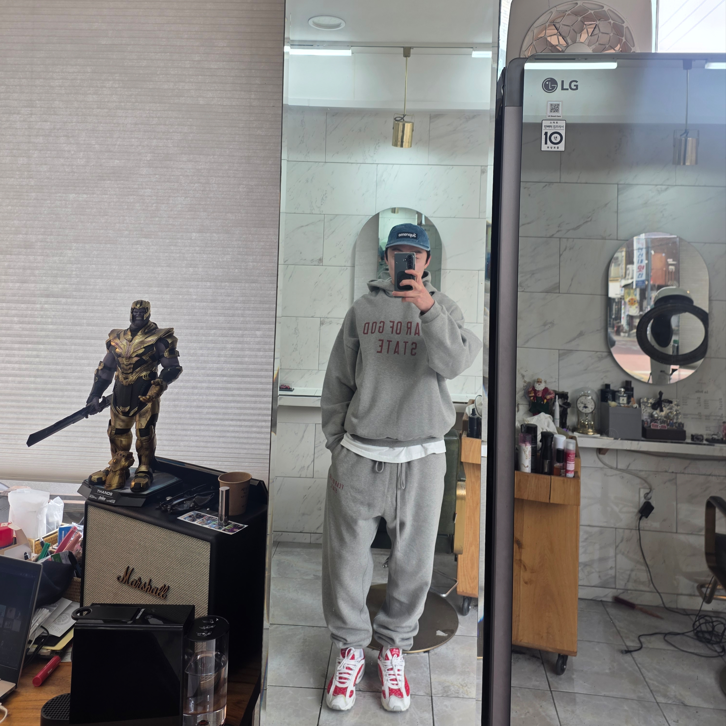 Essentials Fleece State Hoodie Dark Heather - 24FW, Essentials Fleece Essential State Sweatpant Dark Heather - 24FW 착용 스타일
