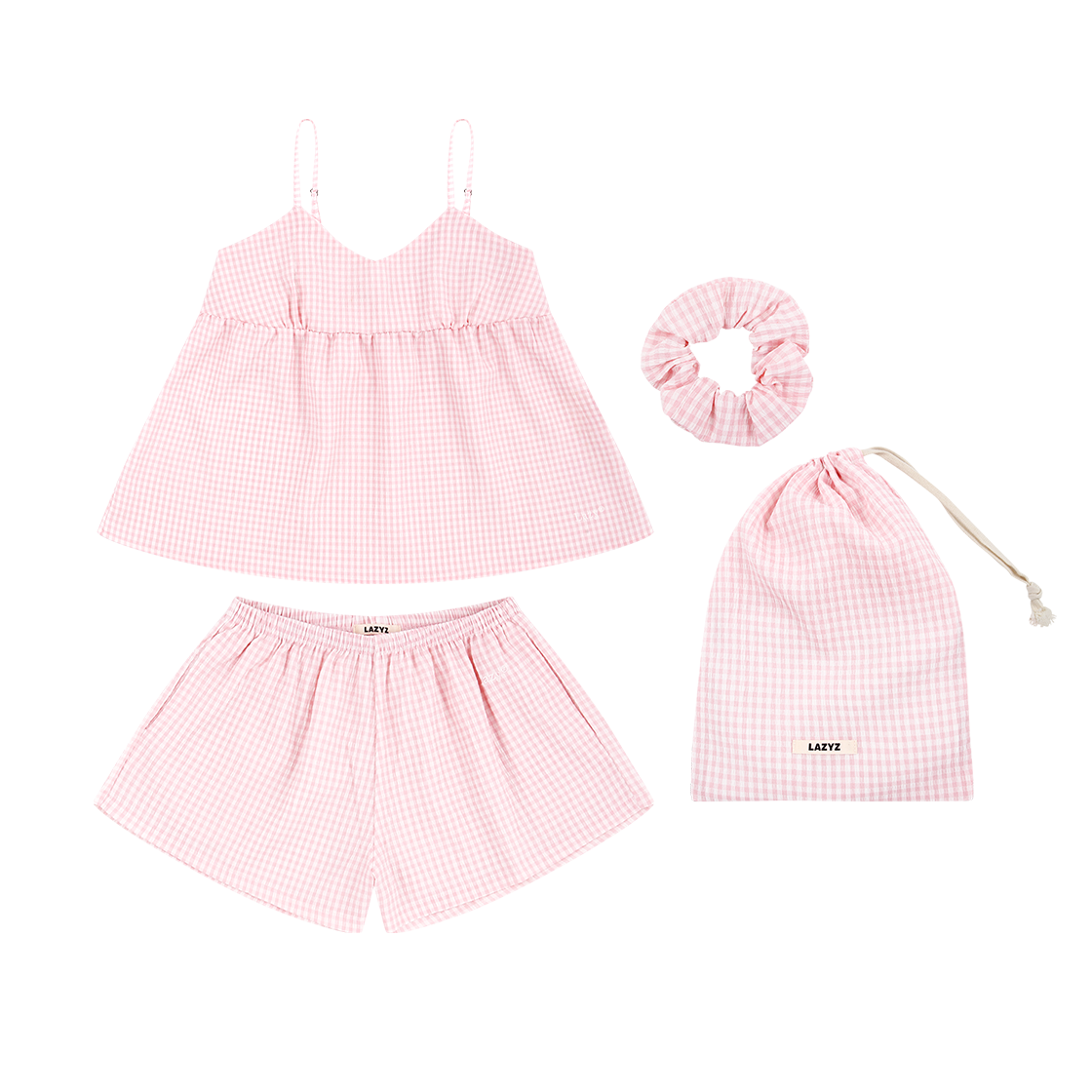 숏 시에스타 파자마 스크런치 파우치 세트 핑크 LAZYZ Short Siesta Pjs Scrunchie Pouch Set - Pink