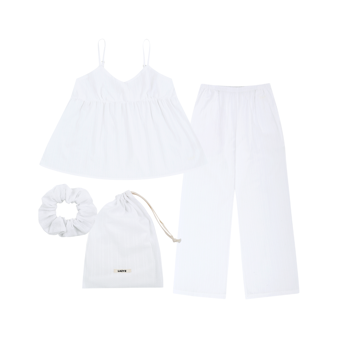 롱 시에스타 파자마 스크런치 파우치 세트 화이트 LAZYZ Long Siesta Pjs Scrunchie Pouch Set - White