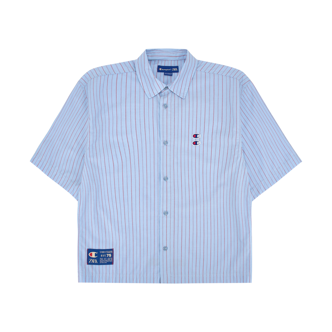 자라 x 챔피온 스트라이프 패치 셔츠 블루(Zara x Champion Striped Patch Shirt Blue)