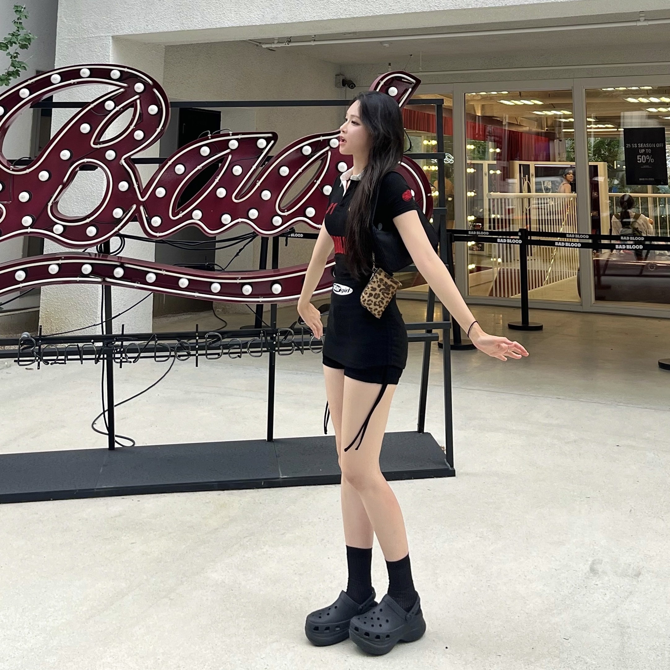 (W) Bad Blood Mystic Capsule Polo Mini Dress Black, (W) Crocs Classic Bae Clog Black 착용 스타일 - 1
