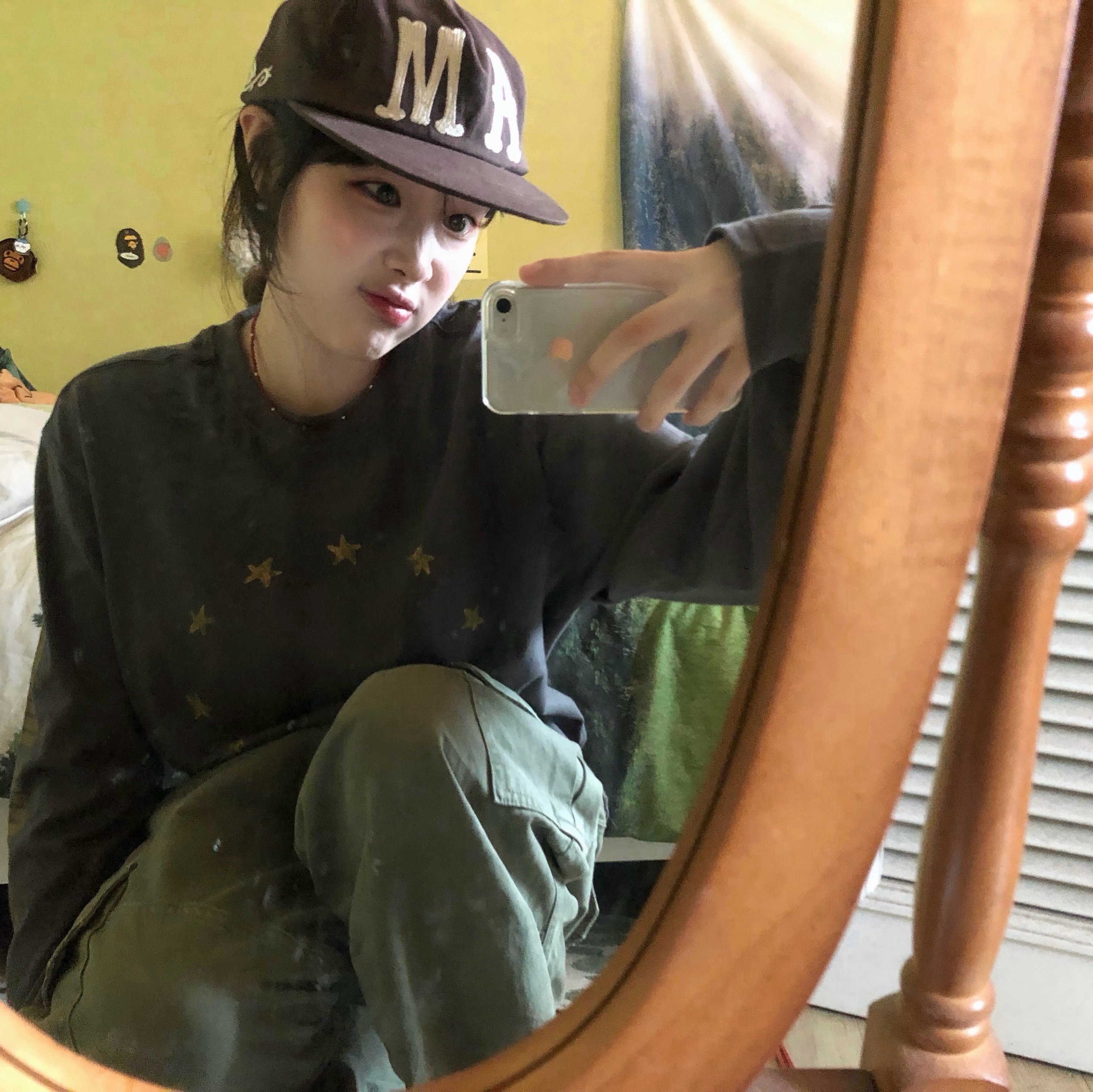 AMOU A.M 5Pannel Cap Brown, AMOU A.M 5Pannel Cap Navy 착용 스타일 - 1