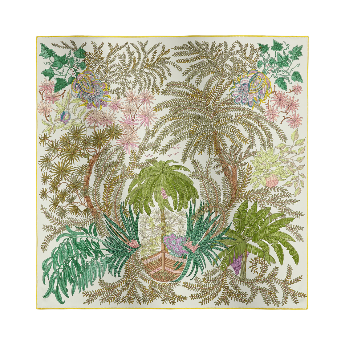 H983908S12 (W) Hermes Le Jardin des Peintres Scarf 70 Silk &Blanc Vert Jaune
