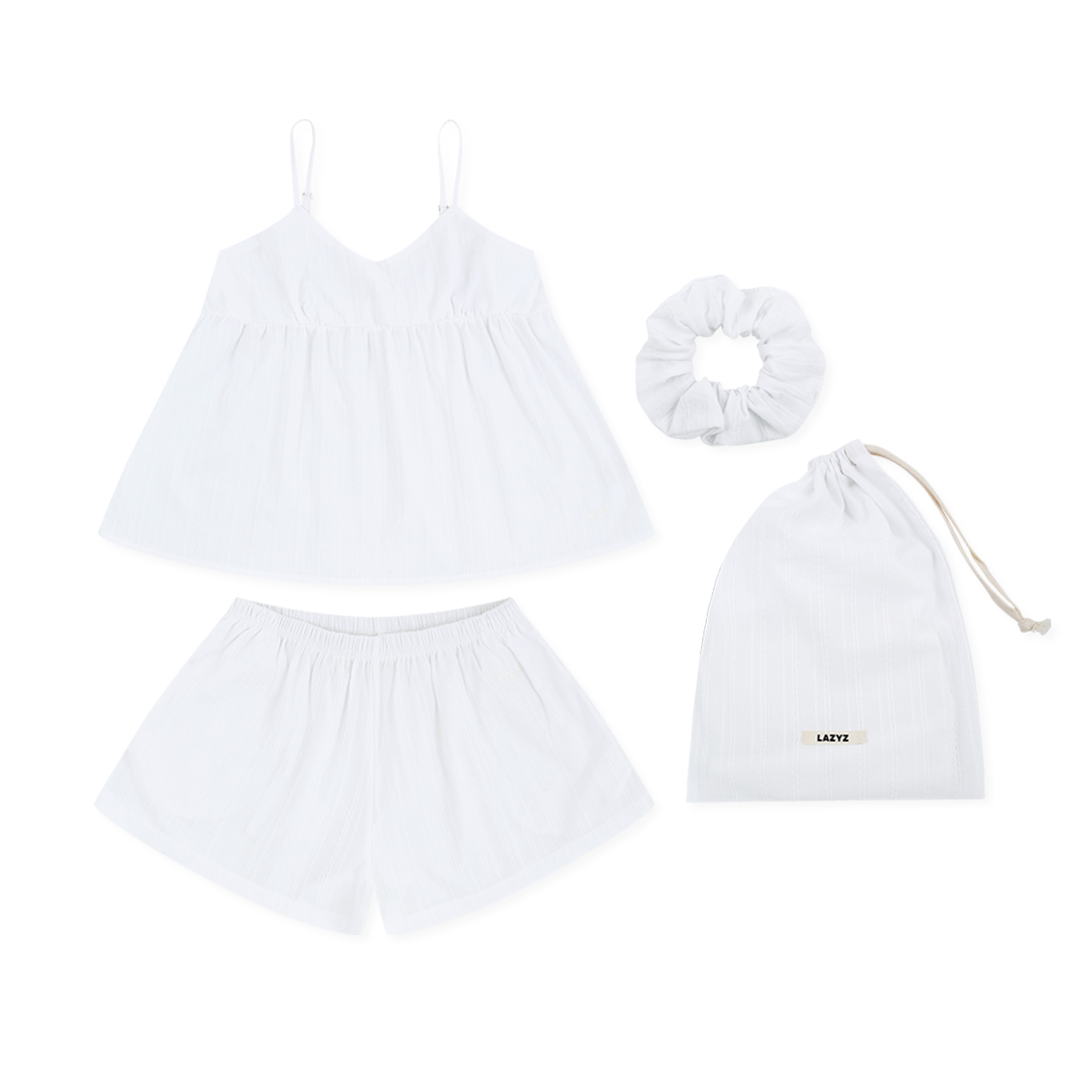 숏 시에스타 파자마 스크런치 파우치 세트 화이트 LAZYZ Short Siesta Pjs Scrunchie Pouch Set - White