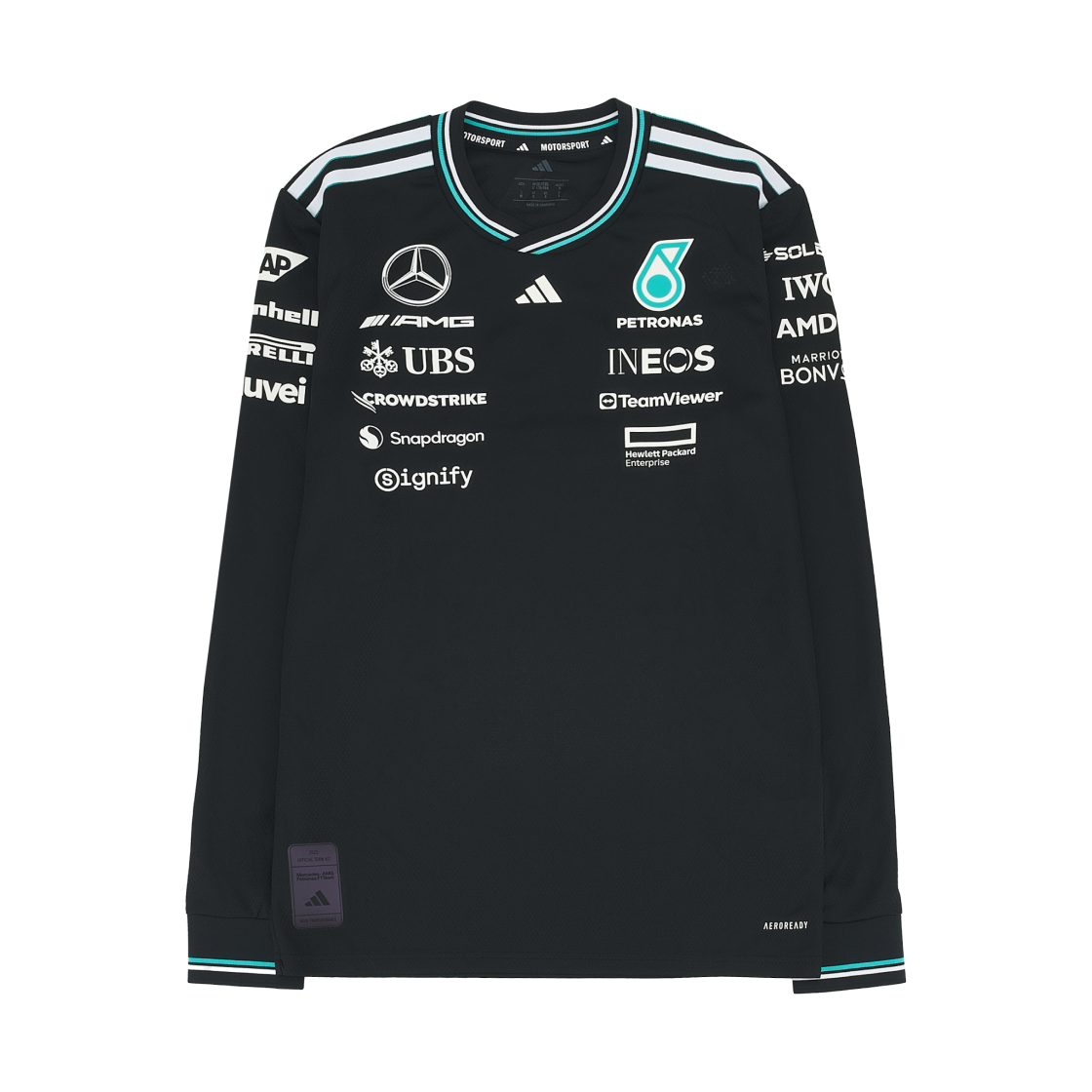 메르세데스 AMG 페트로나스 x 아디다스 포뮬러 원 2025 팀 드라이버 저지 어센틱 롱슬리브 블랙 화이트 - KR 사이즈(Mercedes AMG Petronas x Adidas Formula One 2025 Team Driver Jersey Authentic Long Sleeve Black White - KR Sizing)
