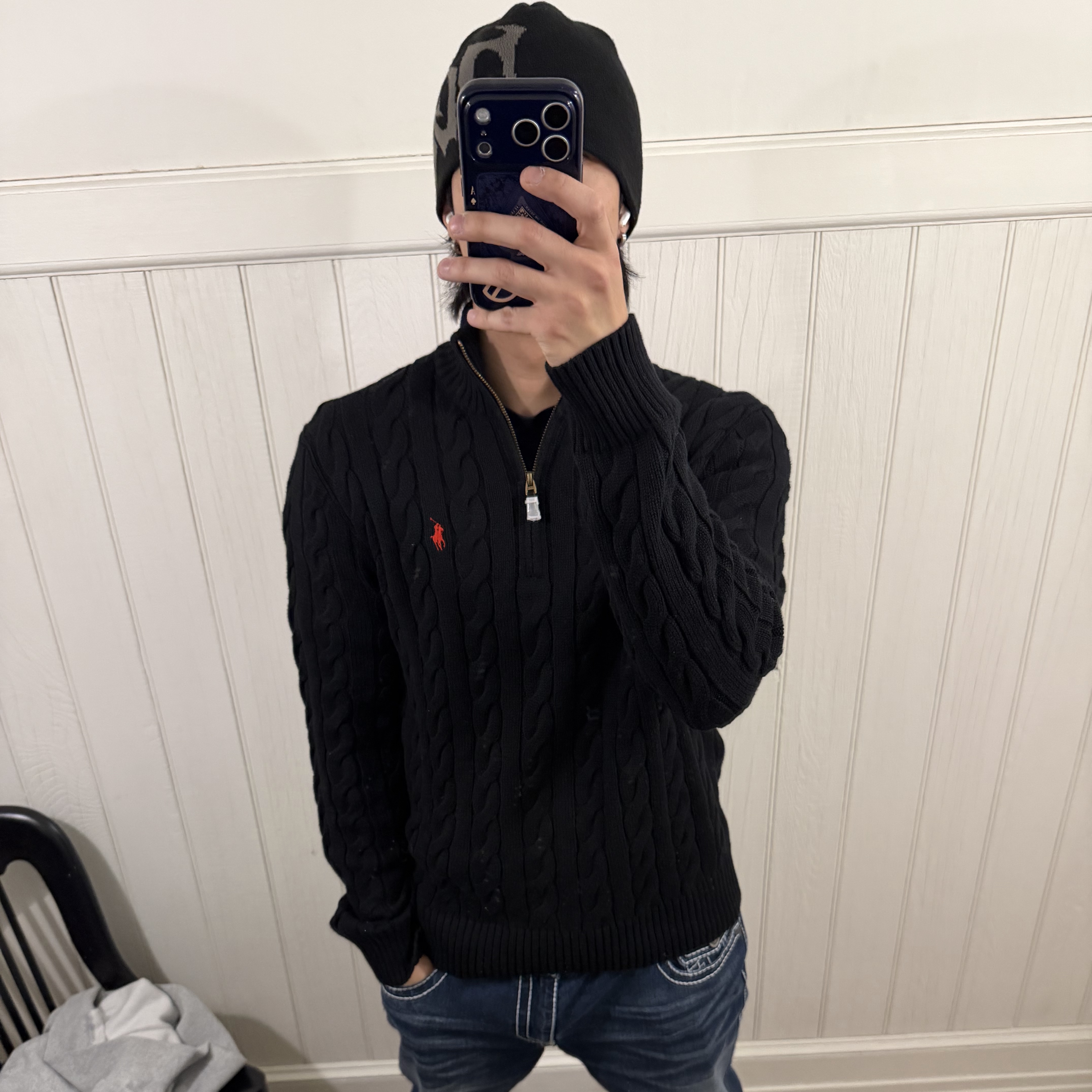 [10%적립] Polo Ralph Lauren Cable Knit Cotton Quarter Zip Sweater Polo Black - 26SS, [10%적립] Polo Ralph Lauren Cable Knit Cotton Quarter Zip Sweater Hunter Navy - 26SS 착용 스타일 - 2