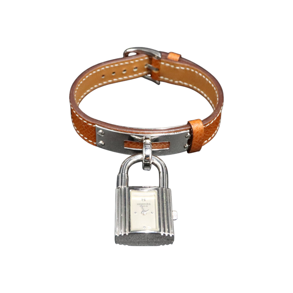 에르메스 KE1.210 화이트 다이얼 은장 캘리 패드락 워치 시계 I각인(Hermes KE1.210 White Dial Silver-tone Calf Padlock Watch with Engraving)