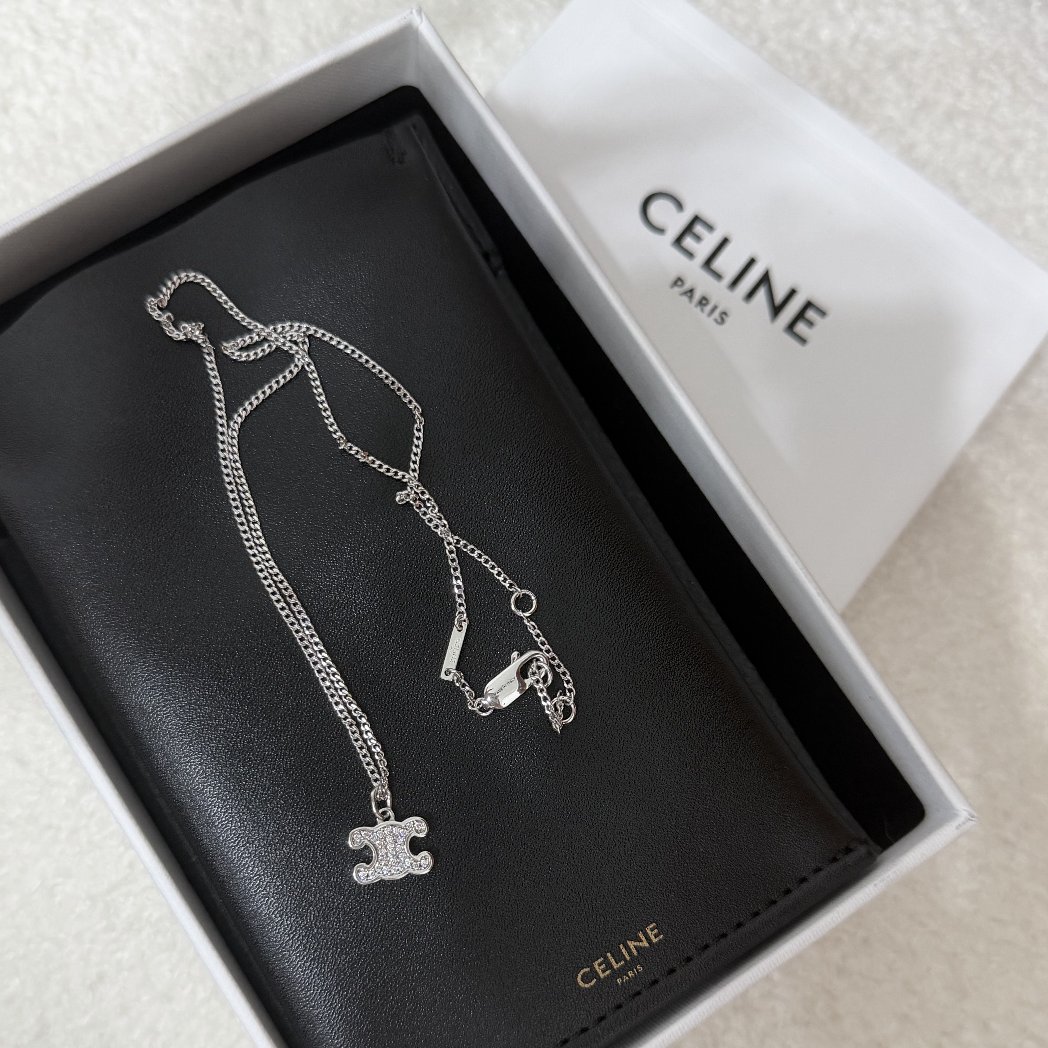 (W) Celine Triomphe Rhinestone Necklace in Brass with Rhodium Finish and Crystals Silver 착용 스타일