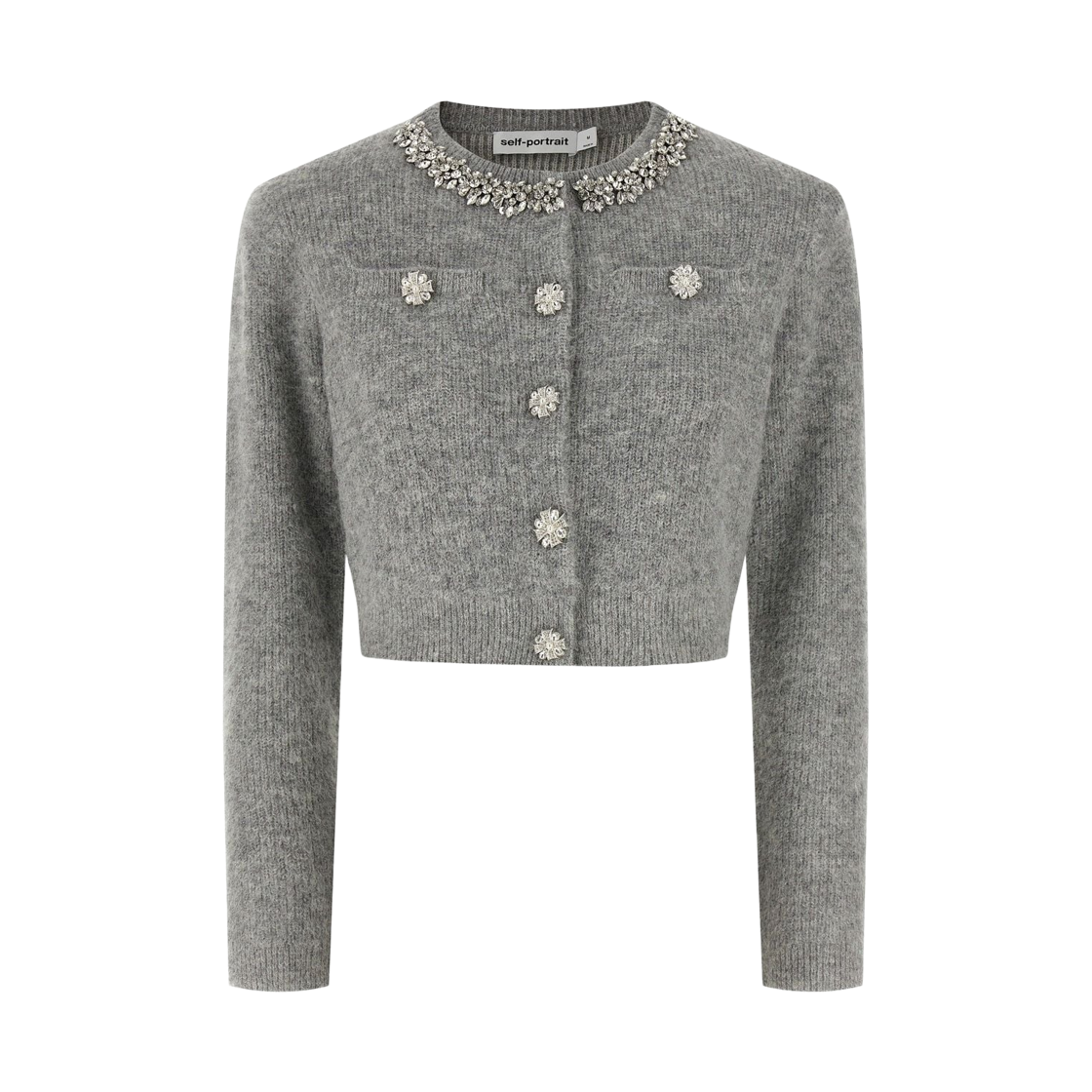(W) 셀프 포트레이트 플러피 크리스탈 트림 가디건 그레이((W) Self Portrait Fluffy Crystal Trim Cardigan Grey)