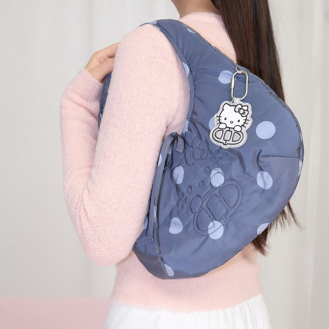AABA6E016BK Hello Kitty x Athe Dot Gray Kitty Embroidered Shoulder Bag