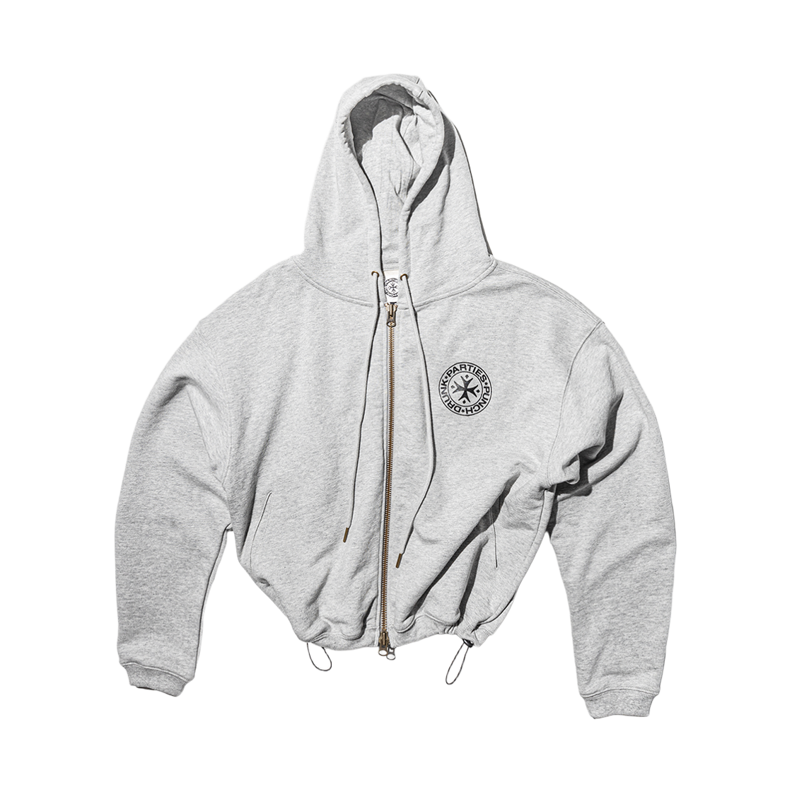펀치 드렁크 파티즈 서클 로고 집업 후디 그레이(Punch Drunk Parties Circle Logo Zip Up Hoodie Gray)