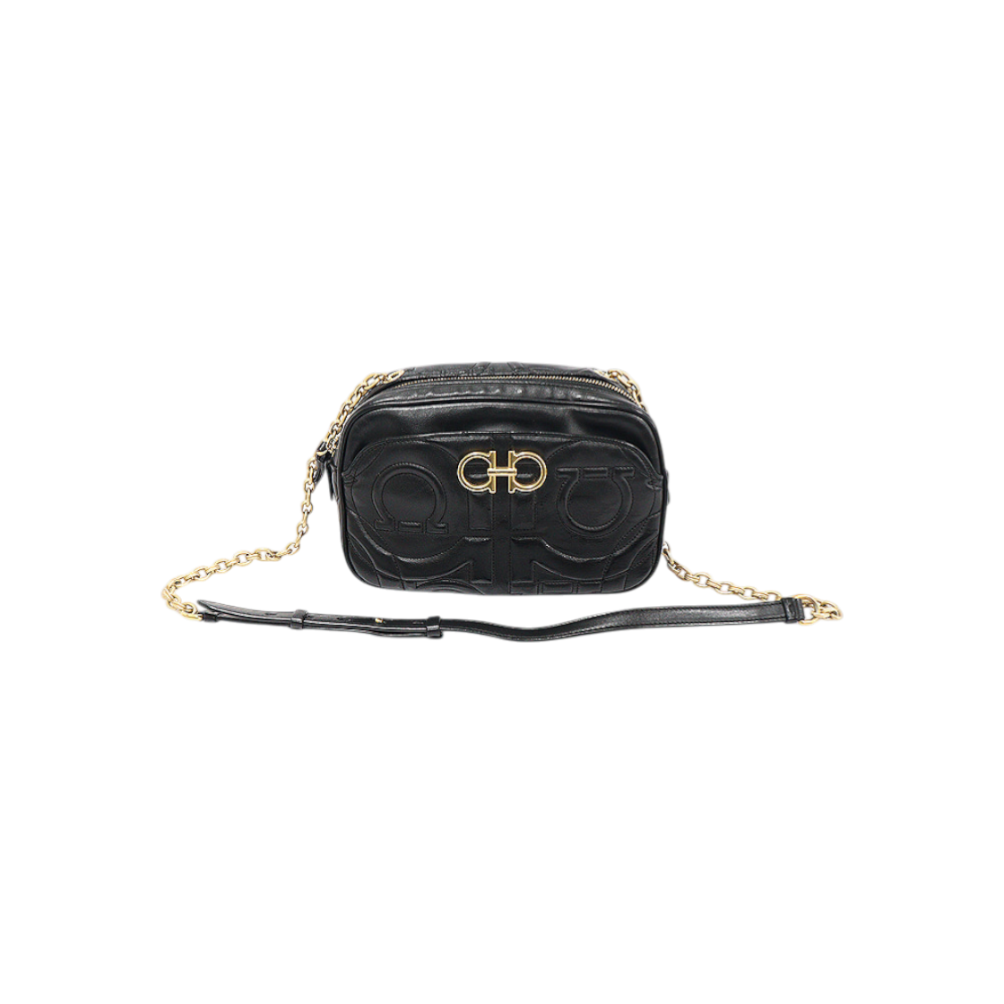 페라가모 21 H086 블랙 카프스킨 퀄팅 간치니 카메라 크로스백(Salvatore Ferragamo 21 H086 Black Calfskin Quilted Gancini Camera Crossbody Bag)
