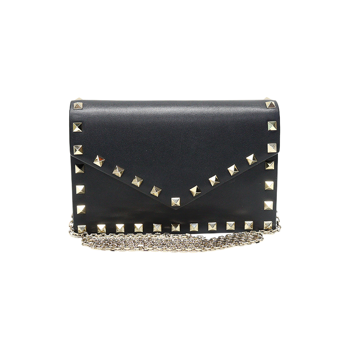 발렌티노 UW2P0Q58BOL 블랙 카프스킨 락스터드 엔벨로프 미니 파우치 체인 크로스백(Valentino Black Calfskin Rockstud Envelope Mini Pouch Chain Crossbody Bag)