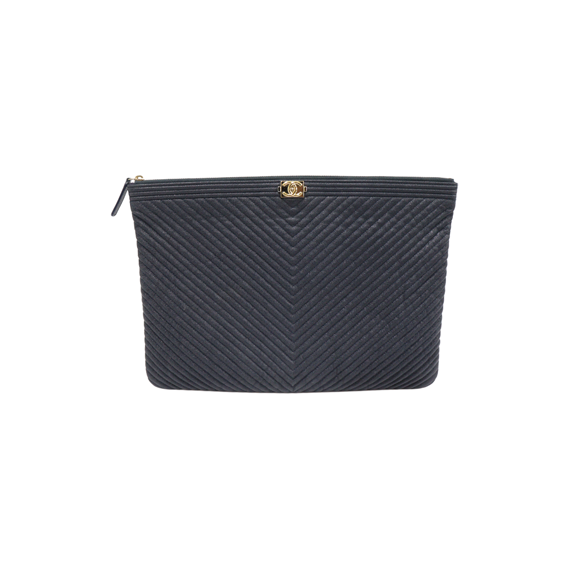ITN8C7DTMMO2 Chanel Navy Chevron Boy Chanel Gold Large Pouch Clutch (29 Series)