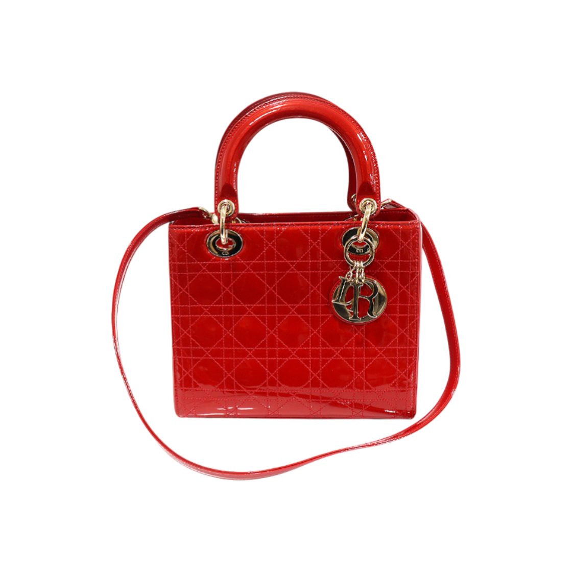 IT49EFEN5DUM Dior Red Patent Cannage Stitch Lady Dior Medium 2-Way Bag