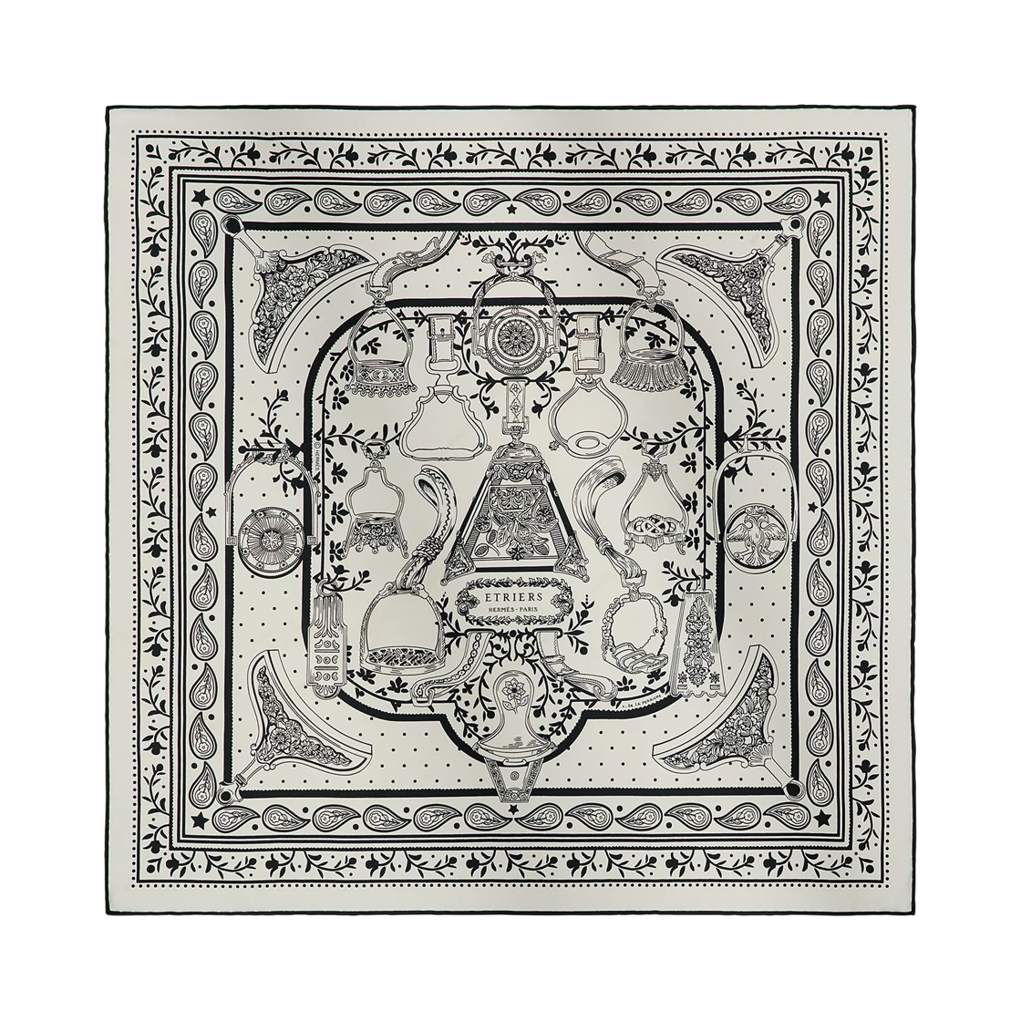 H044351S05 (W) Hermes Etriers Remix Bandana 55 Silk Twill & Blanc Noir