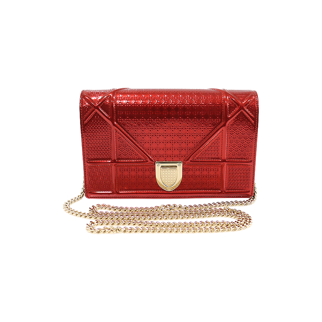 디올 S0328OSKN 메탈릭 레드 페이던트 디올라마 금장 체인 WOC 클러치 크로스백(Diorama Metallic Red Patent WOC Clutch with Gold Chain)