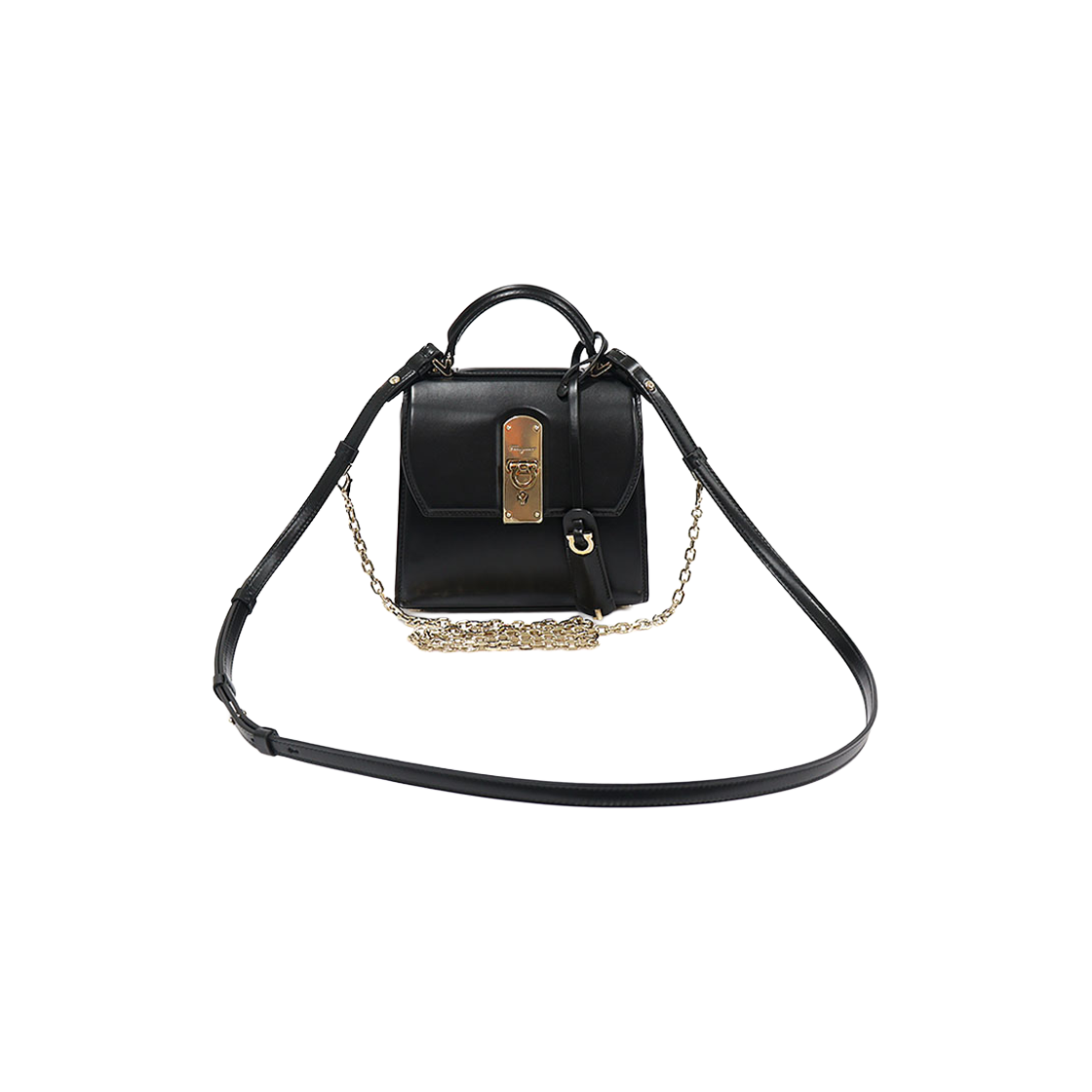 페라가모 21 H647 블랙 카프스킨 간치니 박시즈 스몰 탑 핸들 2WAY(Salvatore Ferragamo 21 H647 Black Calfskin Gancini Boxy Small Top Handle 2-Way Bag)