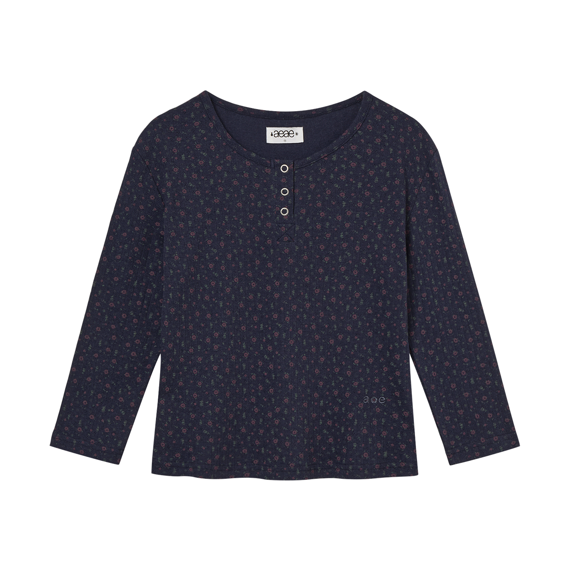 에이이에이이 플라워 헨리 넥 티 네이비(AEAE Flower Henley Neck Tee Navy) - 1