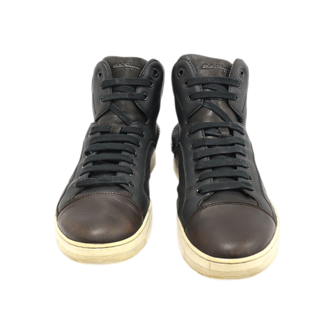 페라가모 블랙 레더 브라운 캡 토우 하이탑 남성 스니커즈 9(Salvatore Ferragamo Black Leather Brown Cap-Toe High-Top Sneakers for Men Size 9)