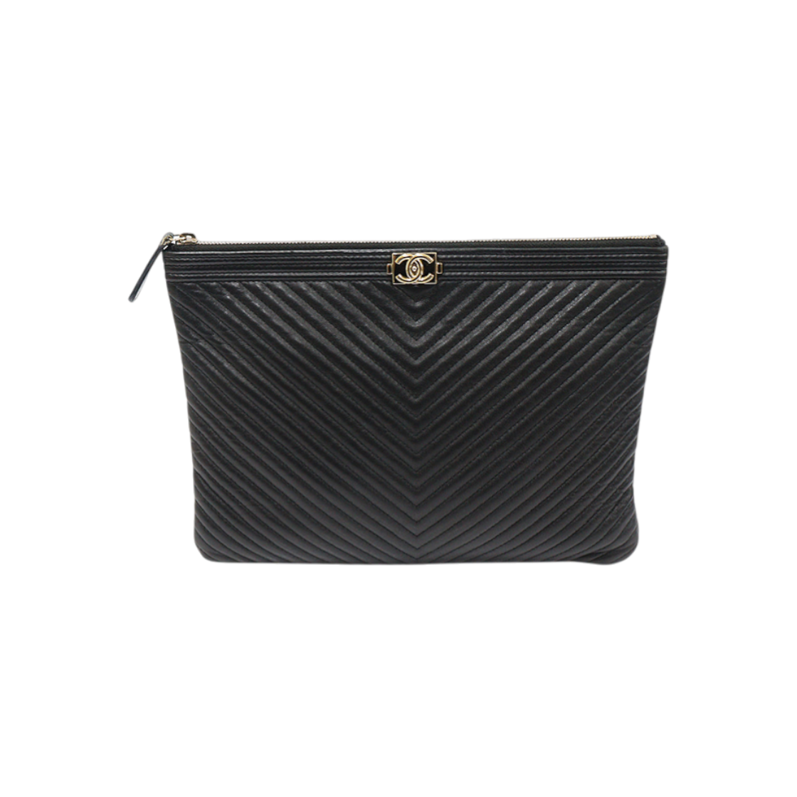 IT4QWE9KQGV8 Chanel Black Lambskin Chevron Gold Boy Chanel New Medium Clutch Bag (27 Series)