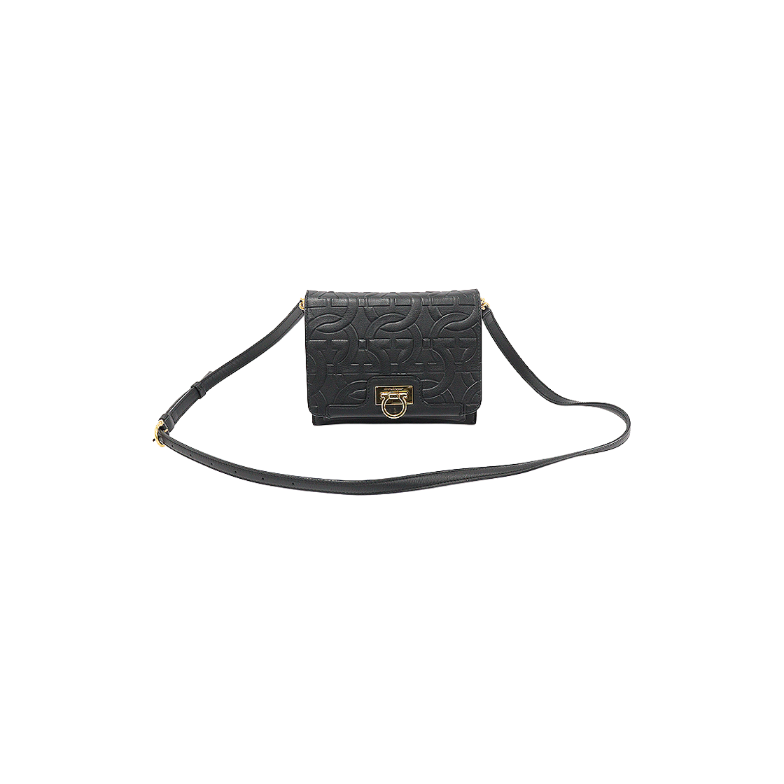 페라가모 21 I308 블랙 엠보스드 카프스킨 금장 간치니 트리폴리오 크로스백(Salvatore Ferragamo 21 I308 Black Embossed Calfskin Gold-tone Gancini Trifolio Crossbody Bag)