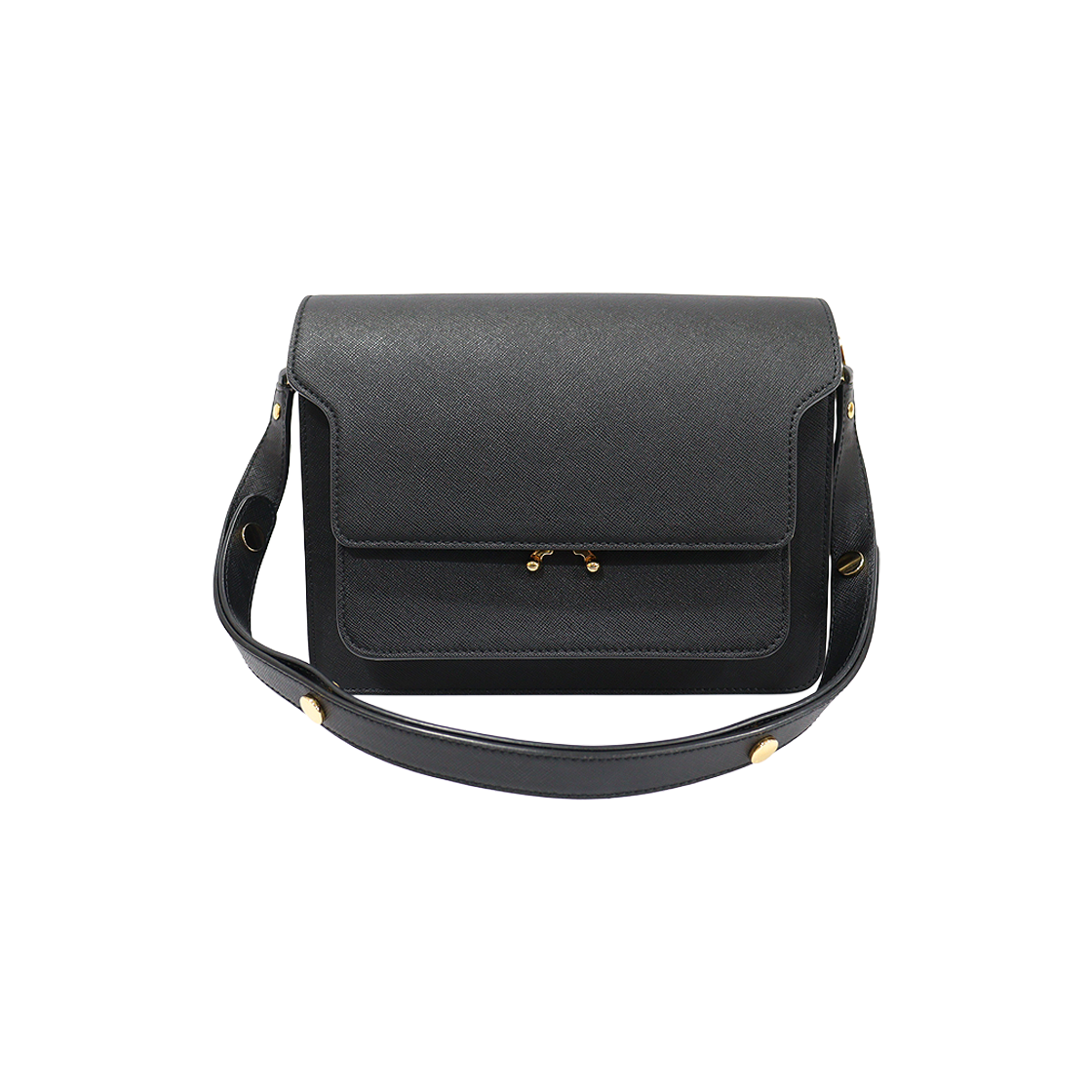 마르니 SBMPN09NO1 블랙 사피아노 금장 트렁크 미듐 숄더백(Marni SBMPN09NO1 Black Saffiano Gold-Trimmed Medium Trunk Shoulder Bag)