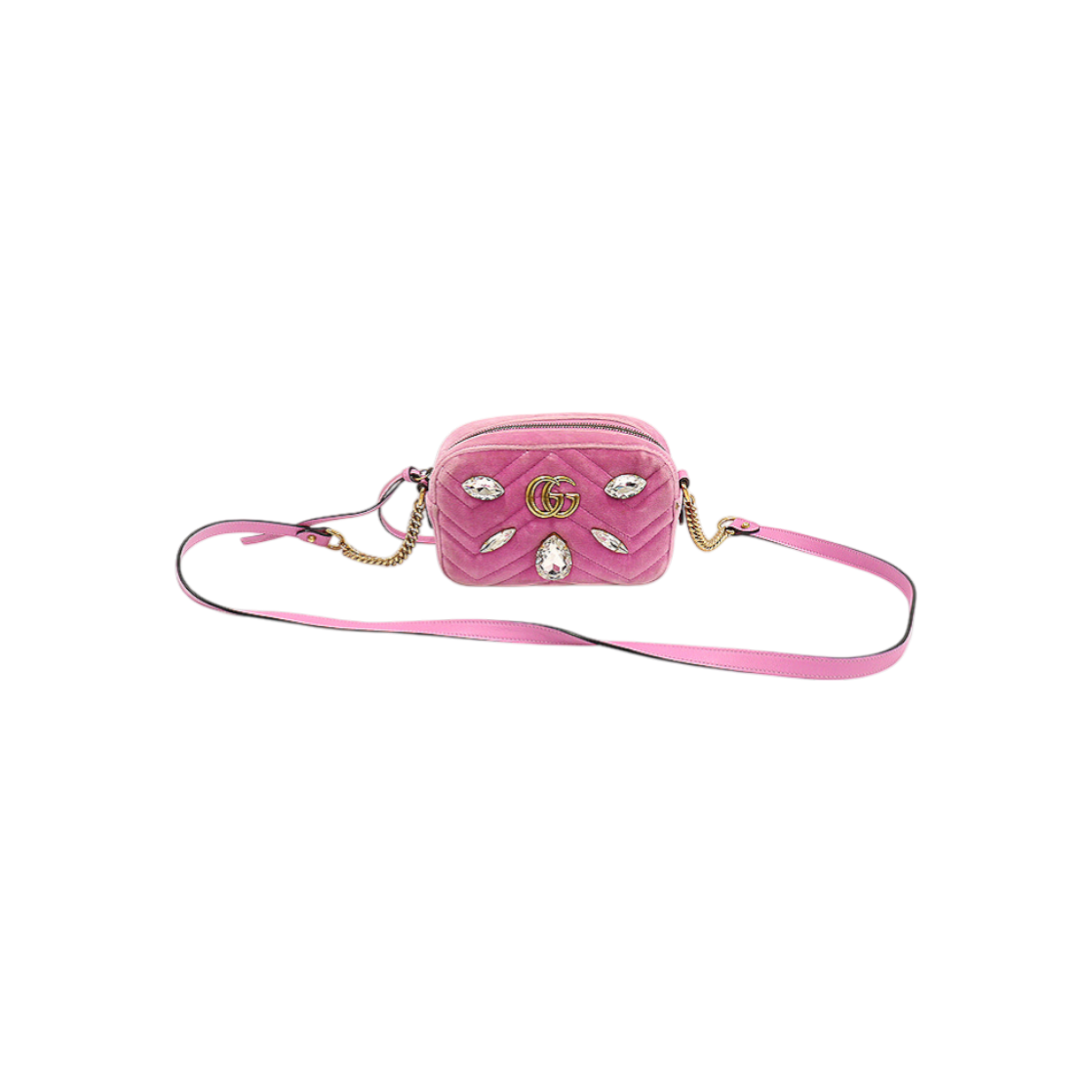 구찌 448065 핑크 벨벳 GG 마몽 크리스탈 미니 카메라 크로스백(Gucci GG Marmont Mini Camera Crossbody Bag in Pink Velvet with Crystals)
