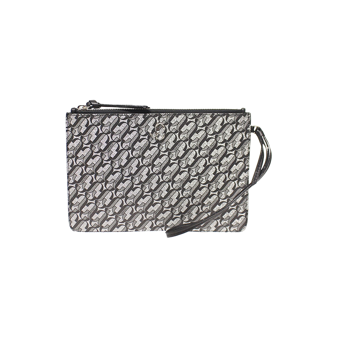지미추 JC 모노그램 실버 블랙 글리터 블랙 레더 FARA 핸드스트랩 클러치(Jimmy Choo JC Monogram Silver Black Glitter Black Leather FARA Handstrap Clutch)