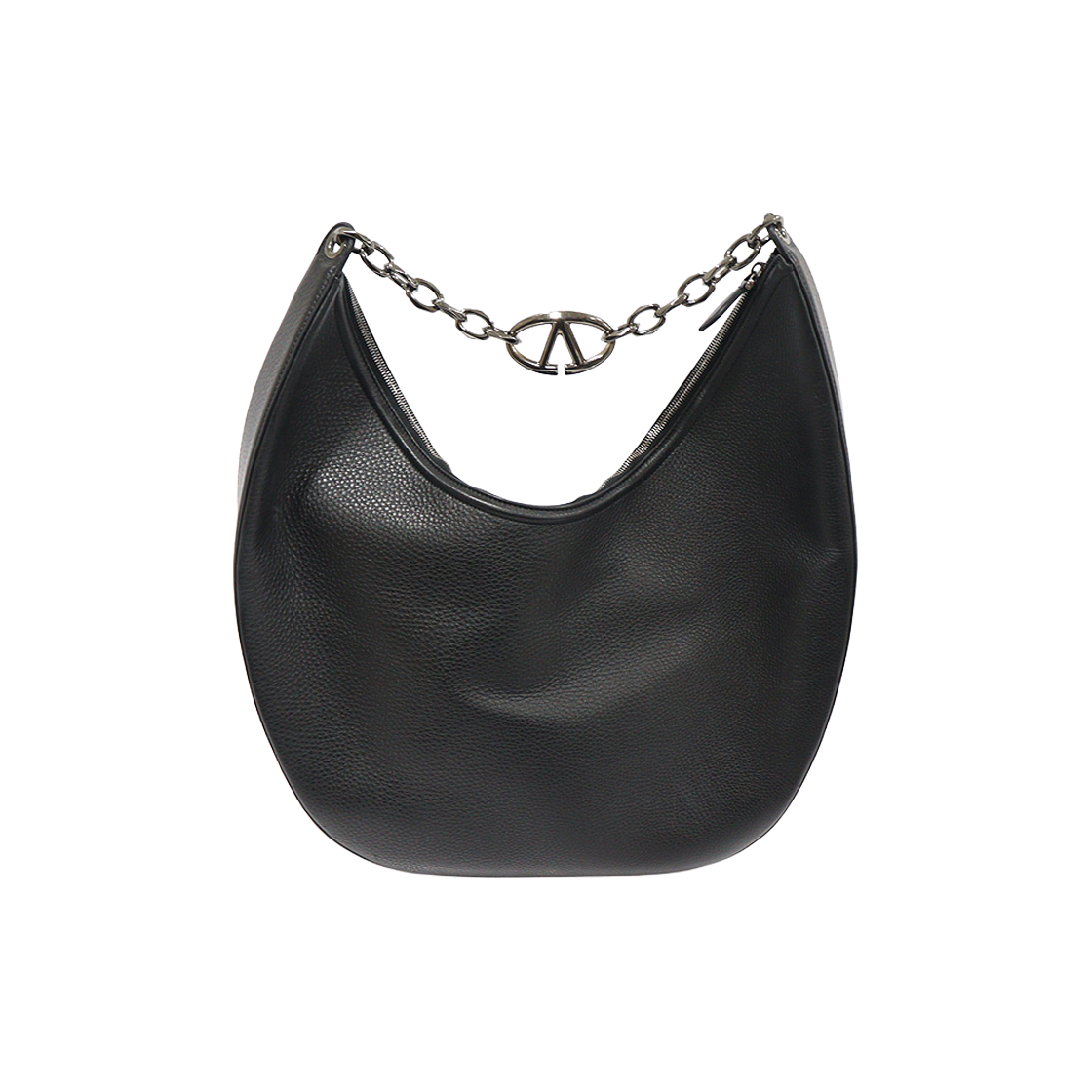 발렌티노 블랙 그레이니 카프스킨 루테늄 V로고 문 호보 맥시 숄더백(Valentino Black Grained Calfskin Ruched V Logo Hobo Maxi Shoulder Bag)