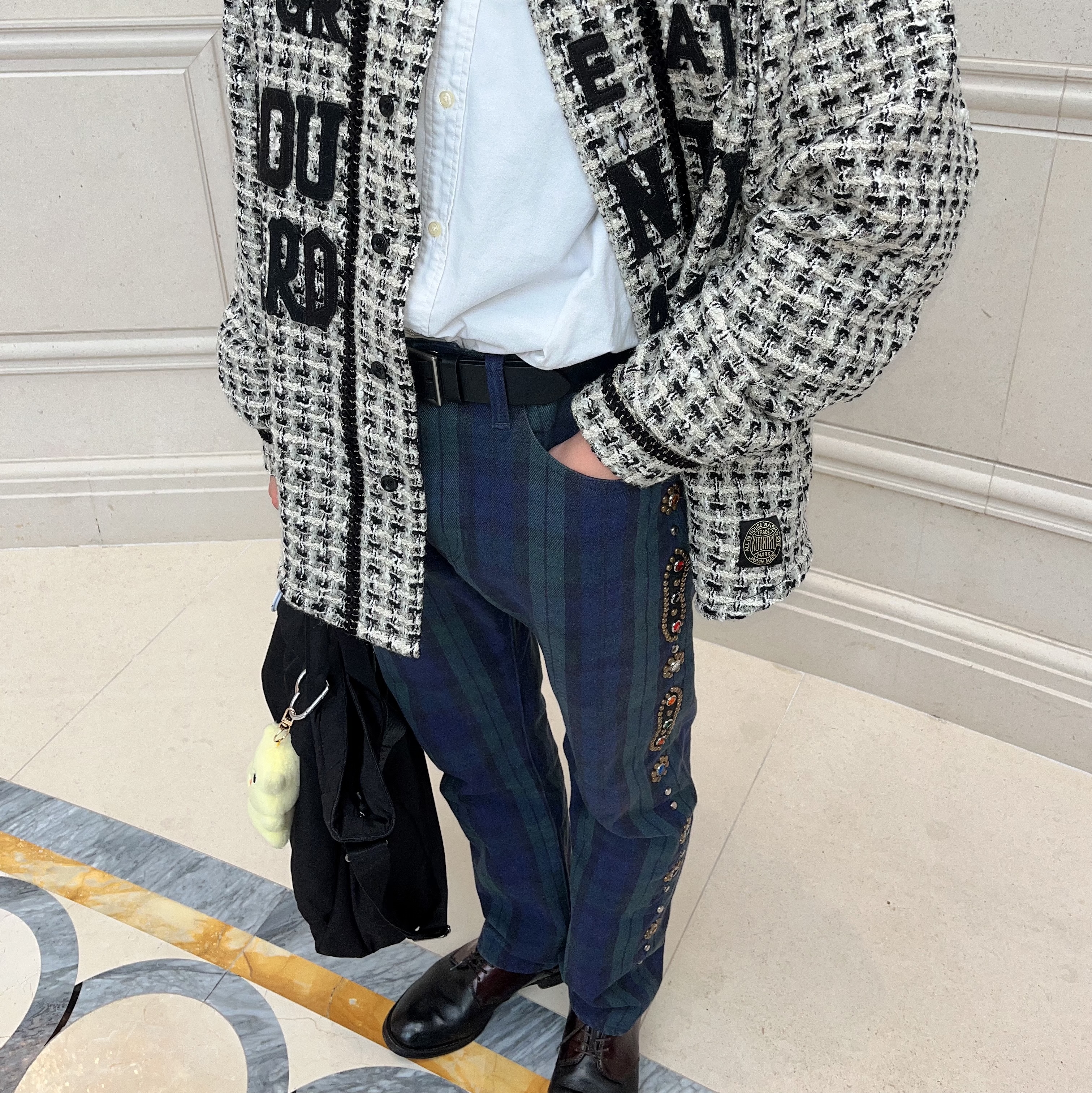 Kapital Fancy Tweed Great Kountry Baseball Long Sleeve Shirt White, Kapital 11 oz. Tartan Check 5P Monkey Cisco Pants Studs Remake Green Black 착용 스타일