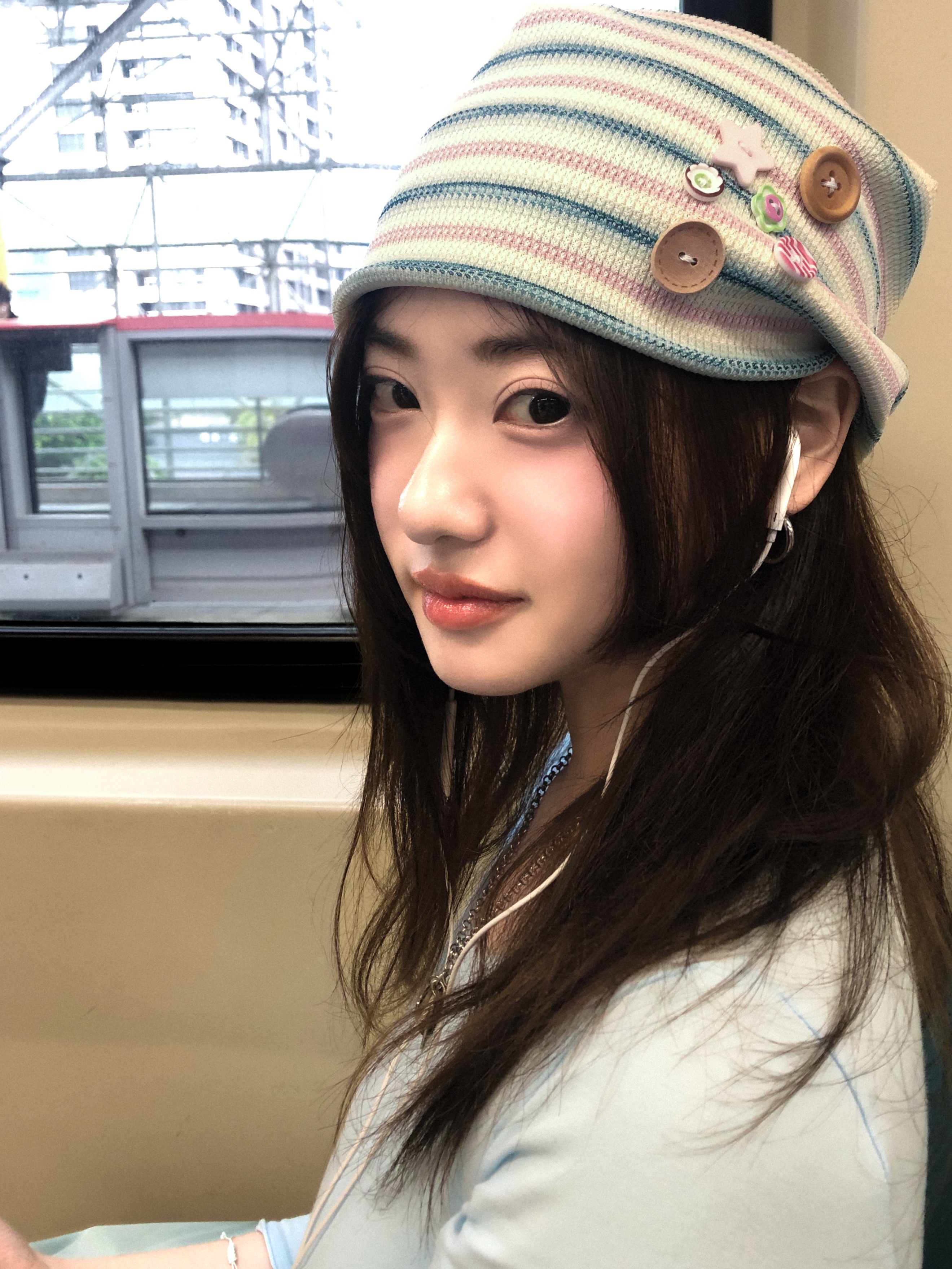 CAVISH Striped Button Beanie Pink, (W) Hysteric Glamour On Skull Pick Necklace Silver 착용 스타일 - 2